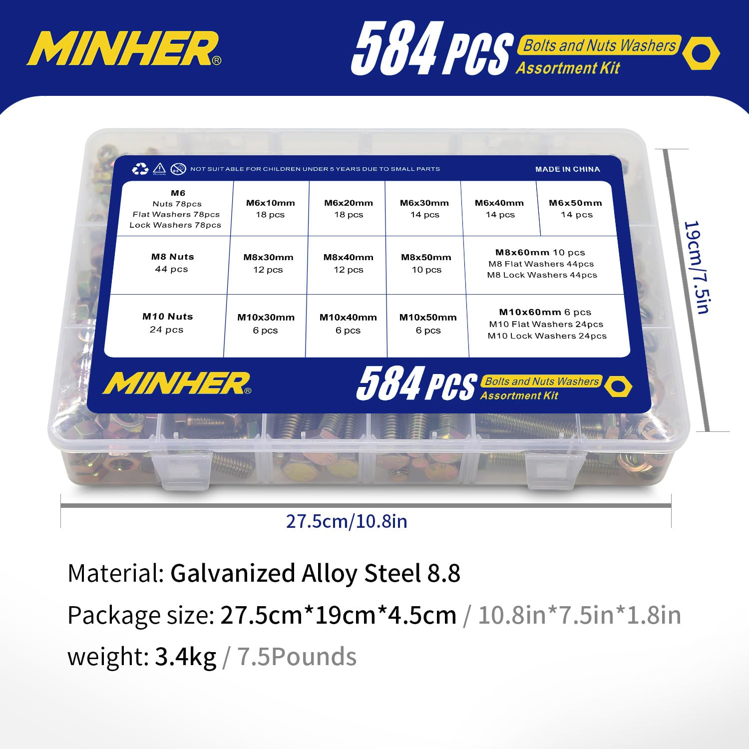 MINHER 584 pieza M6 M8 M10 de Tornillos Hexagonales y Juego de Tuercas y Arandelas, Acero Aleado Galvanizado de Grado 8,8