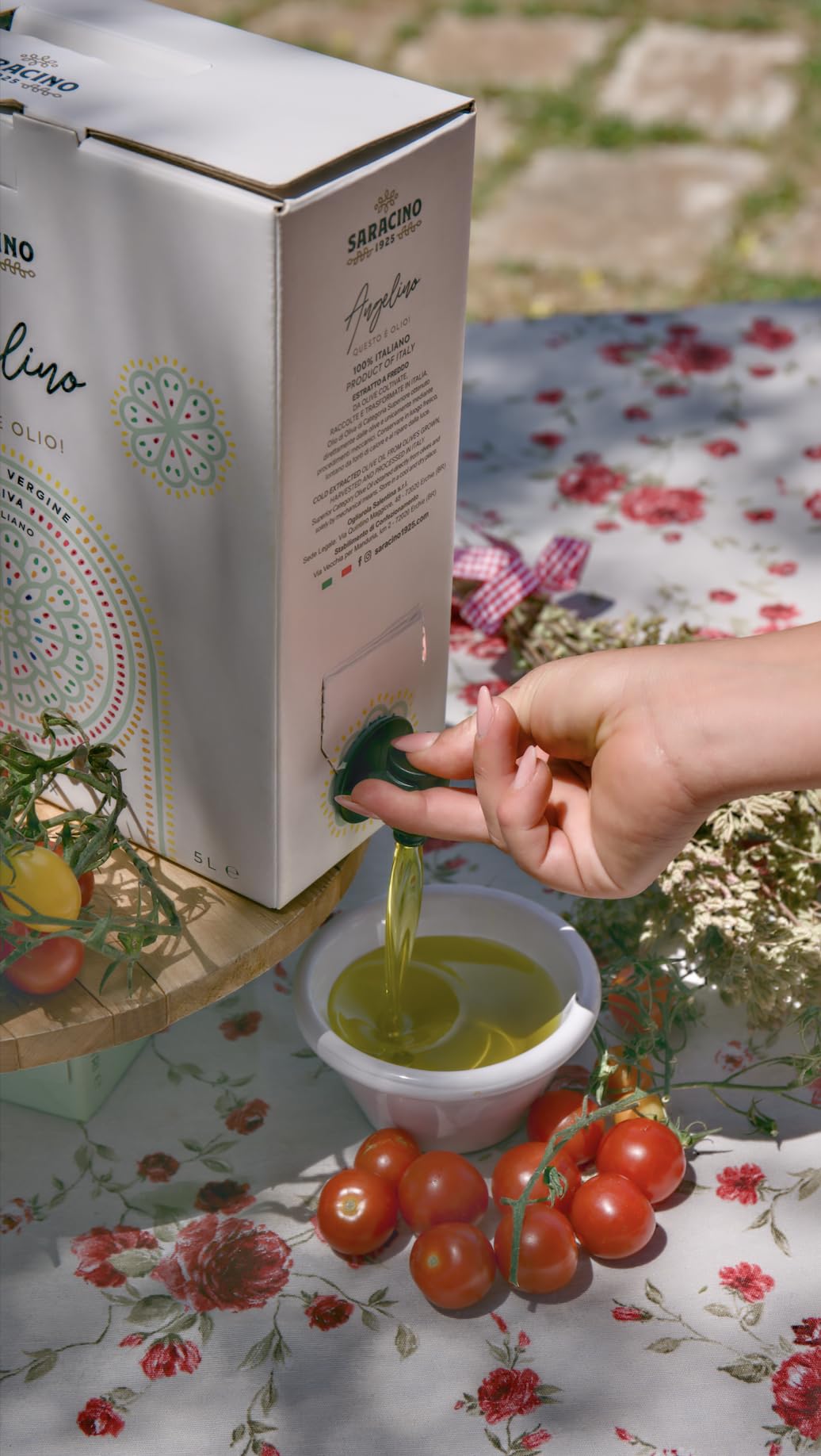 SARACINO 1925-Olio Extravergine di Oliva Italiano 100% – <25°C – Blend Leccino, Cellina di Nardò e Ogliarola Salentina – Bassa Acidità <0,4% – Bag in Box 5 Litri con Rubinetto