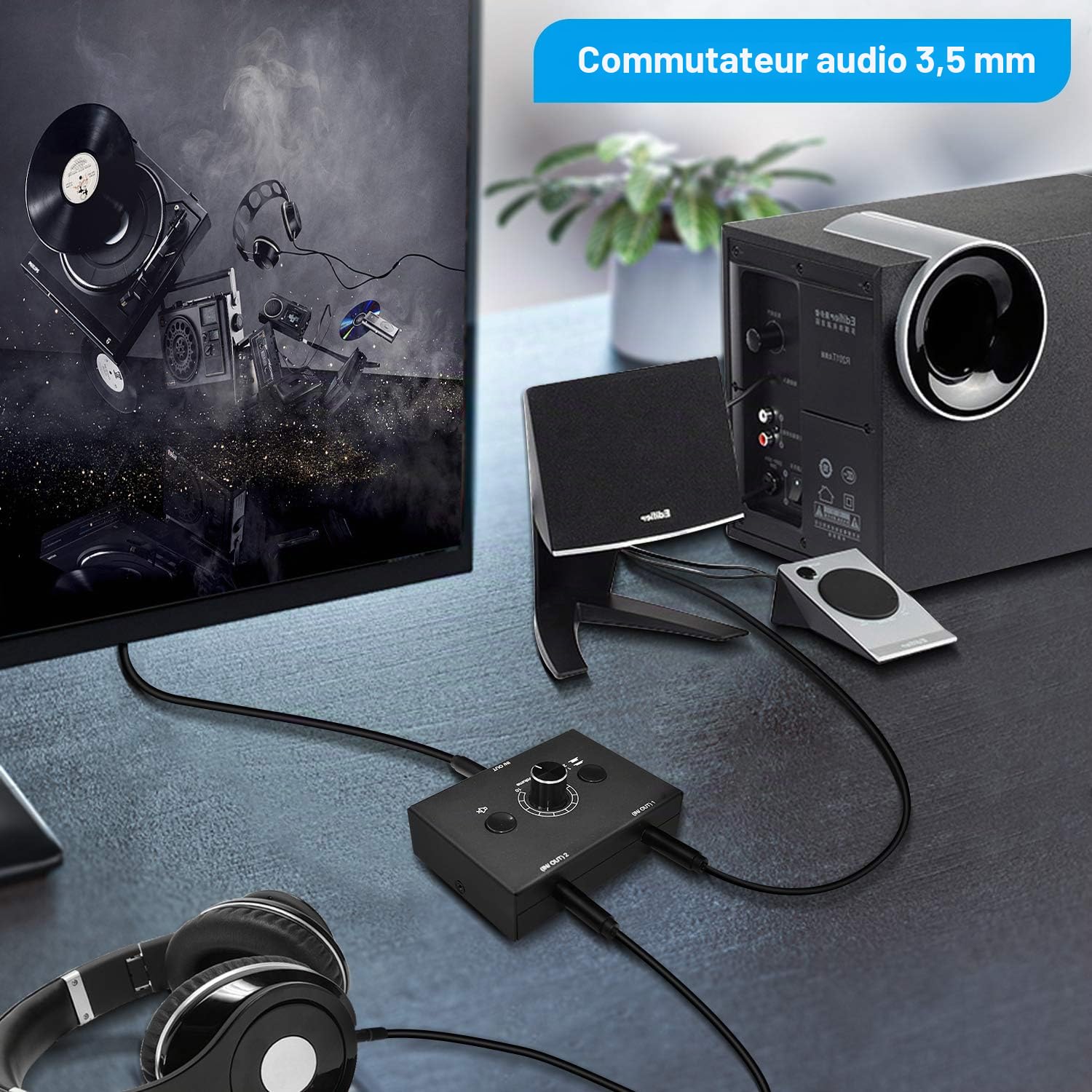 UNSTINCER Commutateur Audio 3,5mm Prise Jack 2(1)-entrée-1(2)-Sortie, Analogique Stéréo Aux Switch Sélecteur Son Boitier pour Haut Parleurs HiFi Amplificateur Phono Casque Ordinateur PC, Métal