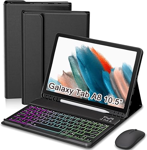 Funda de teclado con mouse para Samsung Galaxy Tab A8 de 10.5 pulgadas 2022 (SM-X200/X205/X207), teclado ligero desmontable retroiluminado, funda
