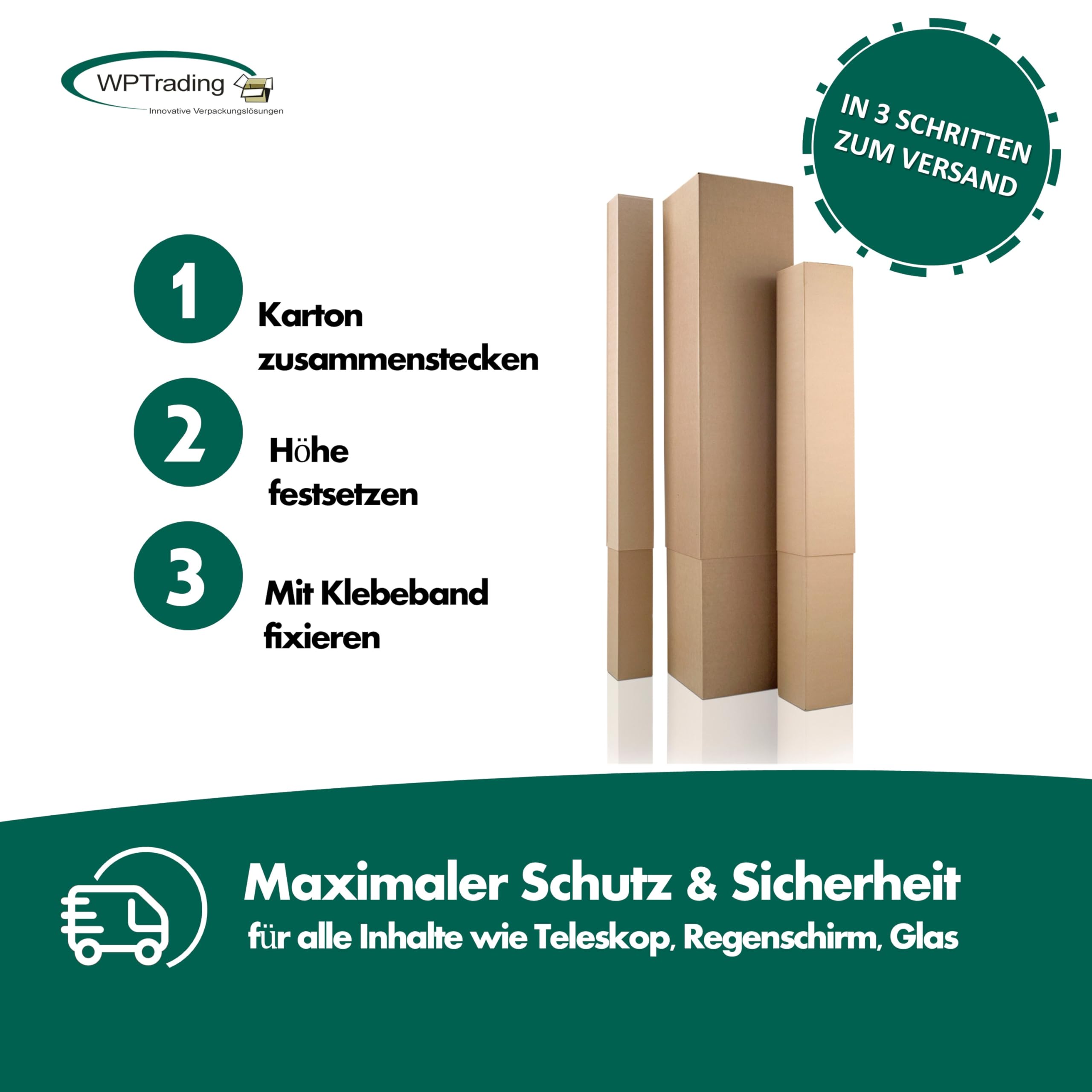 10 Stück Teleskop-Karton zweiteilig 300 x 300 x 1100 mm Braun - Versandhülse lang - Versandkarton individuell erweiterbar - Versand Verpackung für Sonnenschirm, Teppich, Golfschläger & Ski