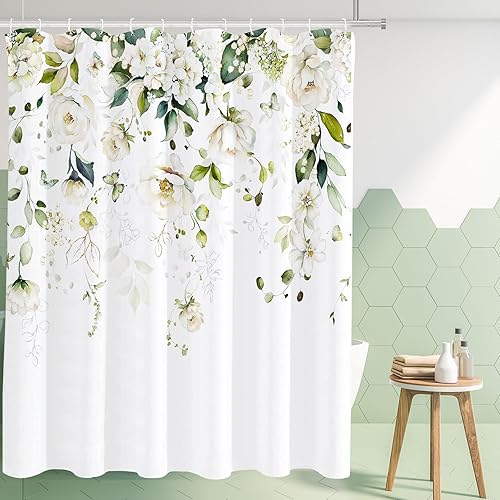 Tititex Blomming - Cortina de ducha floral blanca brillante, hojas verdes acuarela en la parte superior, decoración de baño, juego de cortinas de