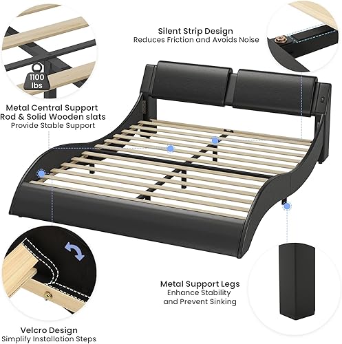 Miniatura 14 de DICTAC Base de cama King con puertos de carga y cabecero, base de cama de plataforma tamaño King con luces LED onduladas como curvas, soporte de