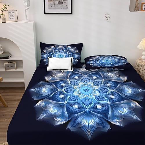 Miniatura 2 de J9-&-157 - Juego de sábanas con estampado de mandala tamaño King, sábanas y fundas de almohada con patrones de 4 piezas, sábana bajera ajustable de