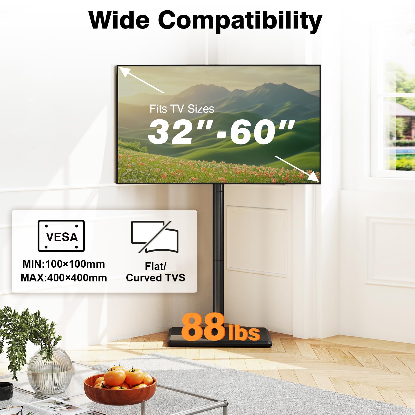 TVON Supporto TV da pavimento con supporto per la maggior parte dei televisori piatti/curvi da 32-60 pollici fino a 39,9 kg, supporto TV regolabile in altezza con base in legno, supporto girevole per