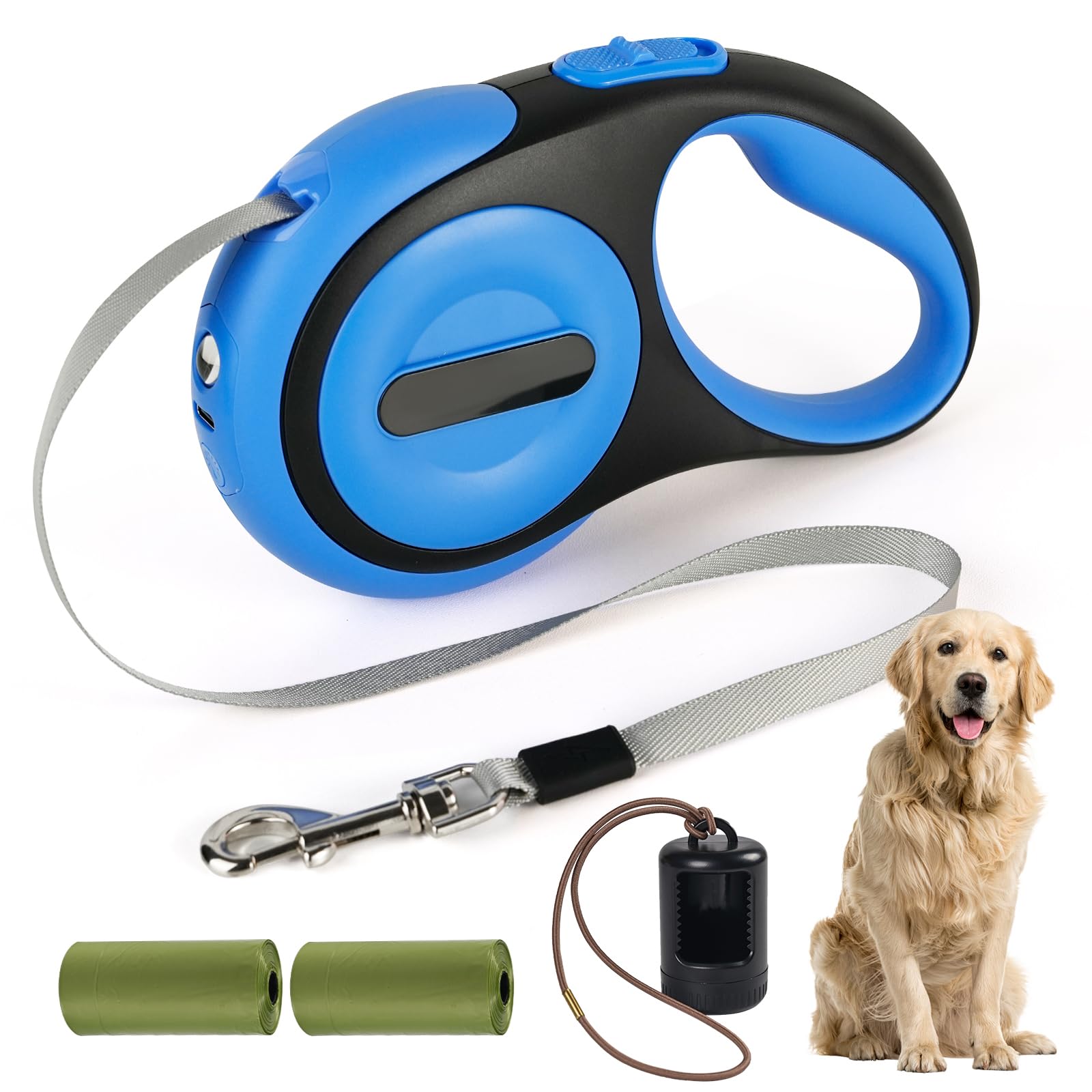 Retractable Dog Leash for Small Dogs-Medium Pet, 16ft for Dog up to 75lbs, with Rechargeable LED Light, Dispenser, Poop Bags, 360° No Tangle, One-Handed Brake & Lock. (Blue, 16ft 75lb)