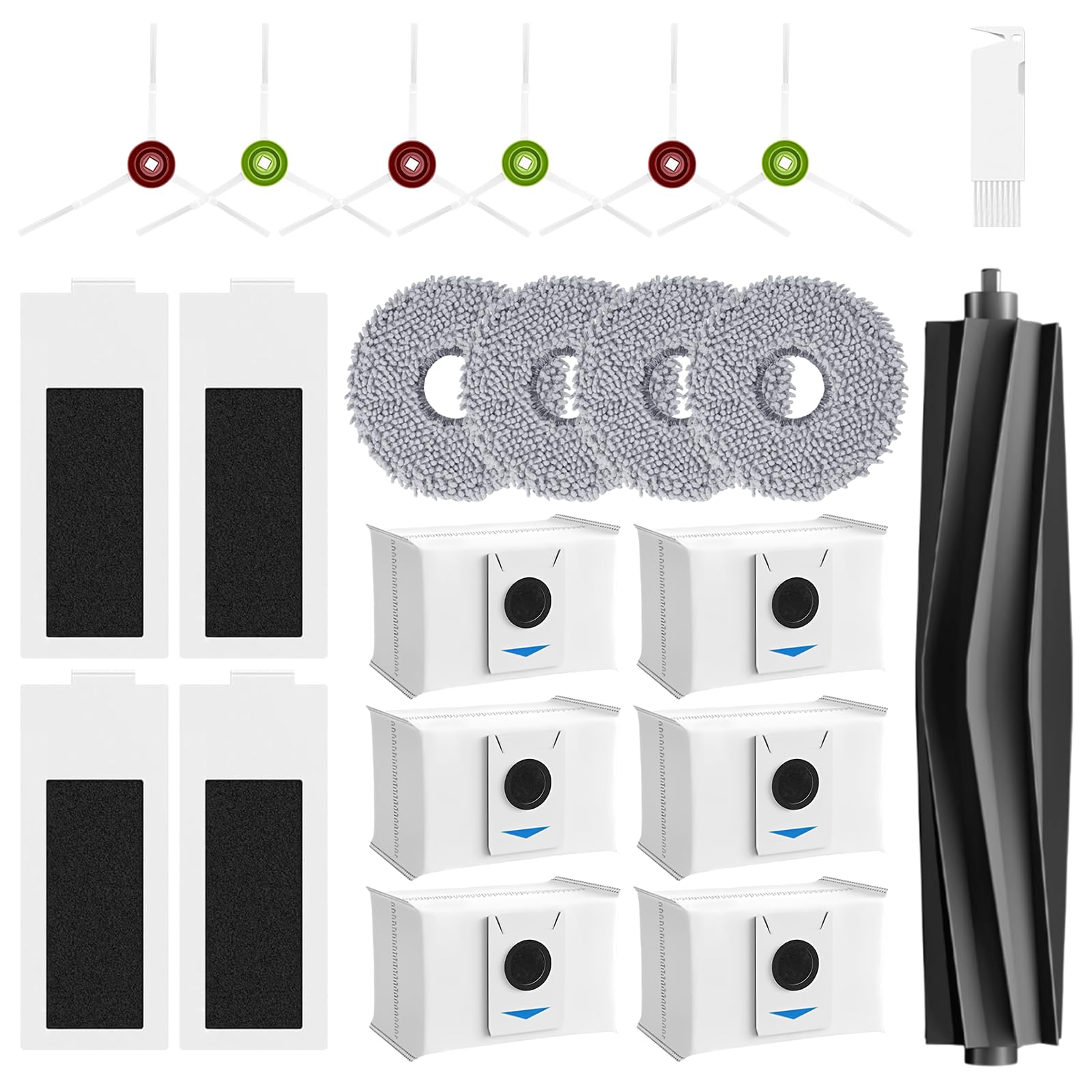 22Pack Replacement Parts Compatible with ECOVACS T20 Omni/Max/Pro Robot Vacuum Cleaner Accessories, 1 Main Brush, 6 Side Brush, 4 Hepa Filter, 6 Vacuum Bag, 4 Mop Pad for ECOVACS Replacement Parts kit