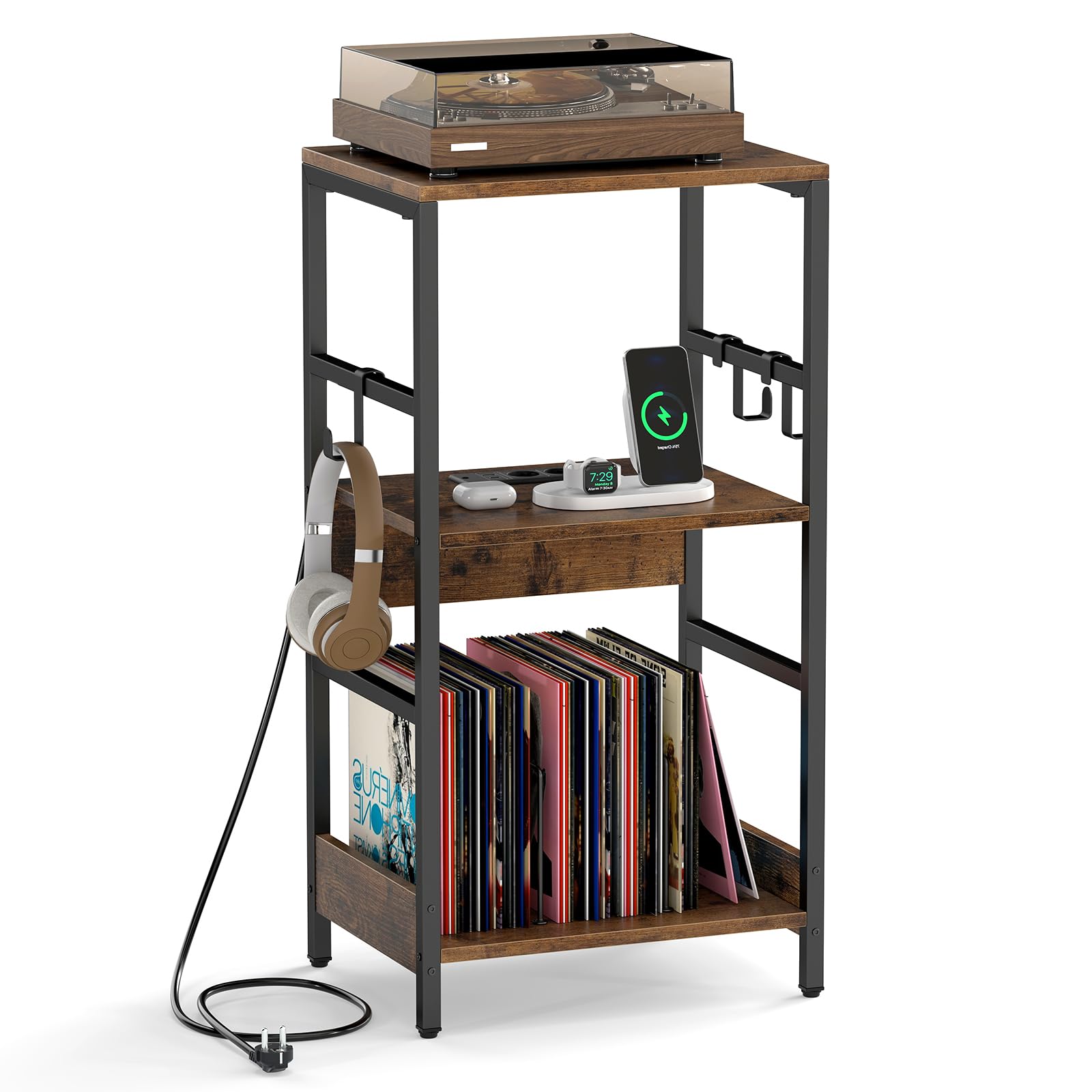 COSTWAY Supporto per Giradischi a 3 Livelli, Mobile Porta Giradischi in Legno con Stazione di Ricarica e 3 Ganci, Scaffale per Dischi Industriale per Soggiorno e Camera da Letto, 40 x 30 x 78 cm