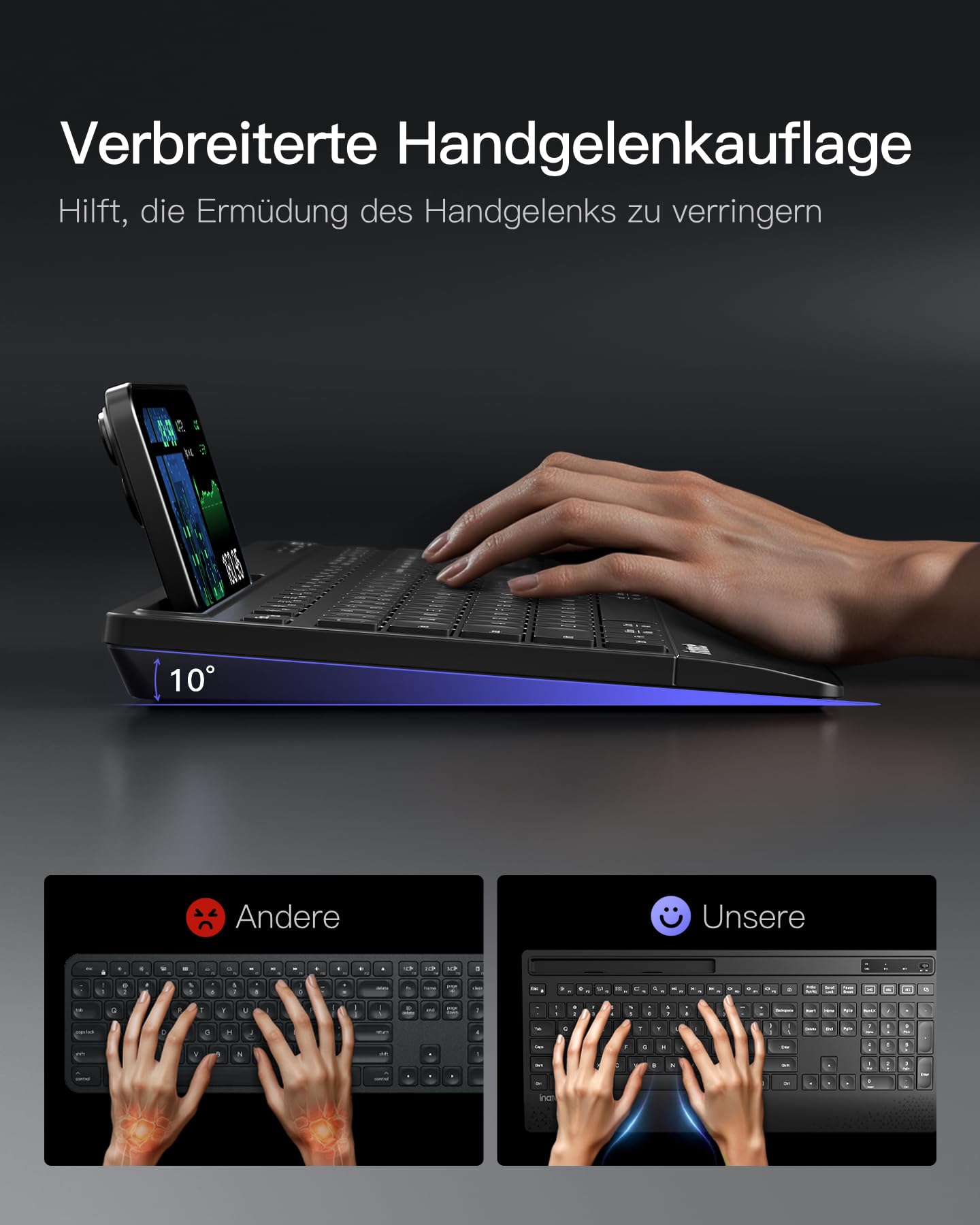Inateck Ergonomisches Tastatur Kabellos,Funktastatur QWERTZ in voller Größe