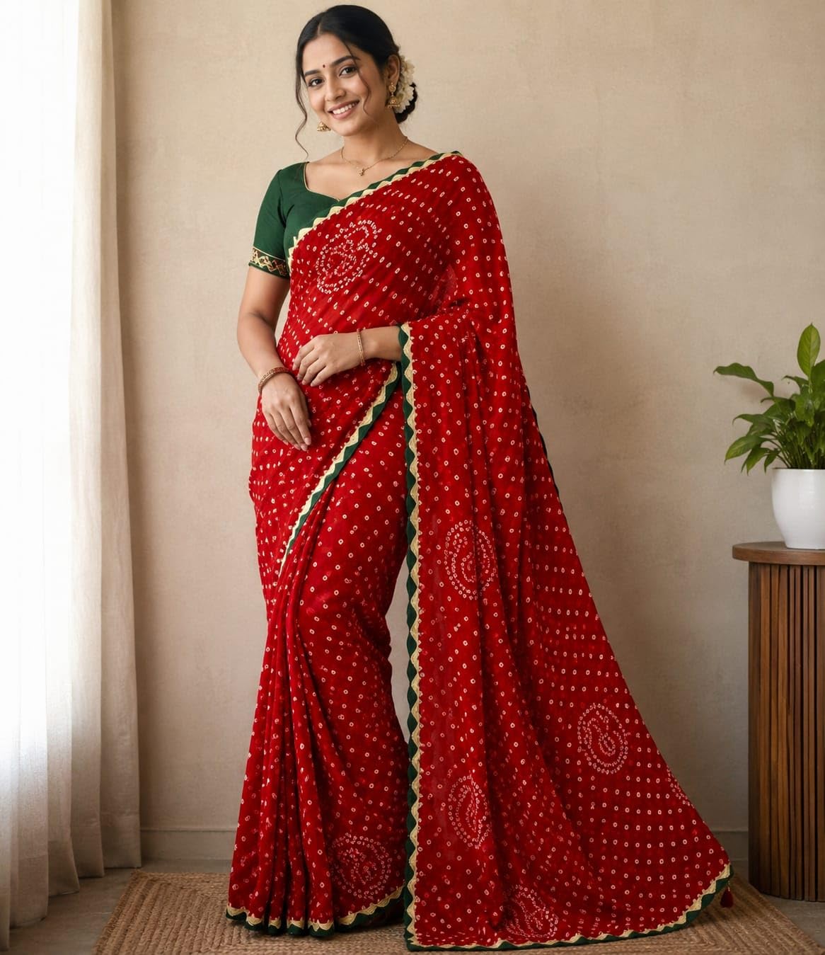 Bandhani Print Women Saree with Blouse Piece, Red and Green, Scalloped Border-image-23
