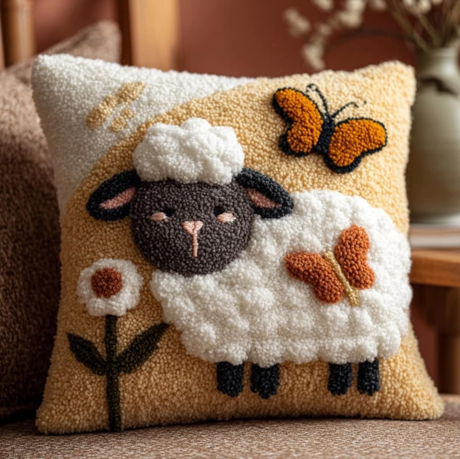 Wallustrioaw Sheep And Butterfly Latch Hook Pillow Cover Making Kit 43X43cm,