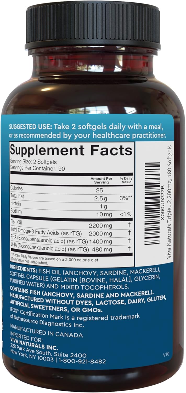 Triple Strength Omega 3 Fish Oil Supplement - Re-Esterified Triglyceride for Increased Absorption - Omega 3 Fatty Acids Including EPA DHA - Support Heart and Brain Health - 180 Softgels : Health & Household