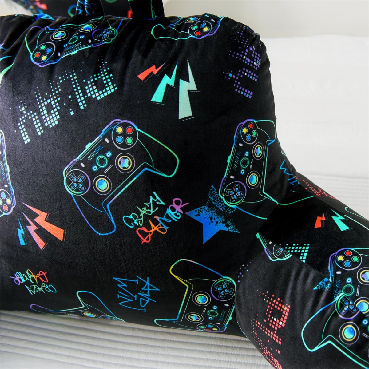 Holawakaka Reading Pillow with Arms Gamer Print Plush Bed Rest Pillows for Kids Teens Petites Sitting in Bed, Sofa, Chair, Lounge, Back Cushion with 1pc Decorative Pillowcase