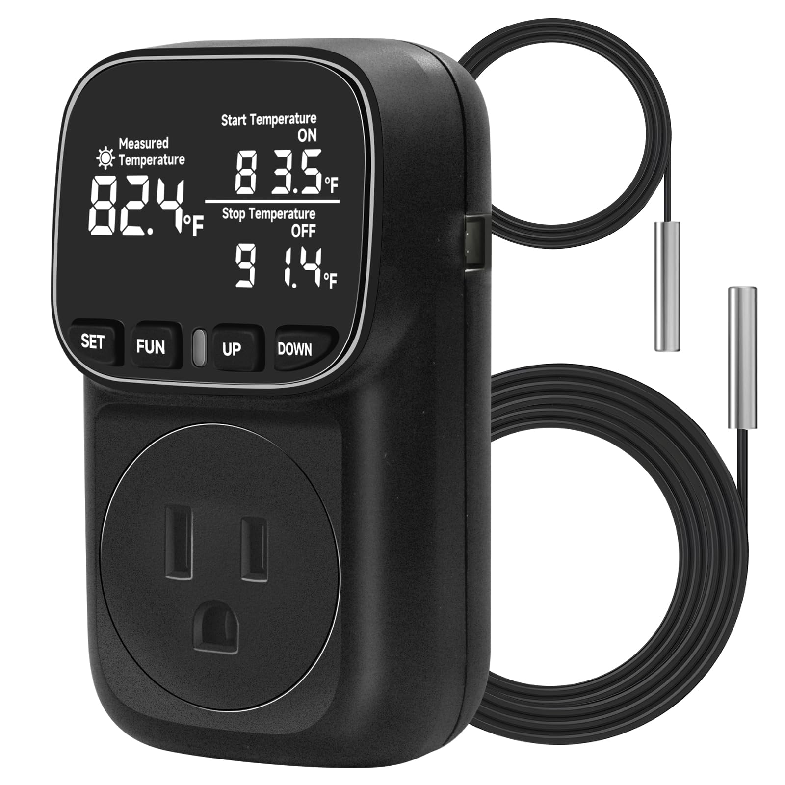 COMYAN Temperature Controlled Outlet , 15A/1800W Digital Thermostat Outlet, Cyclic Timing/Countdown, -40℉~210℉ VA Display Heating Cooling Control Timer with 2Pcs Probe Cable for Reptile Incubator