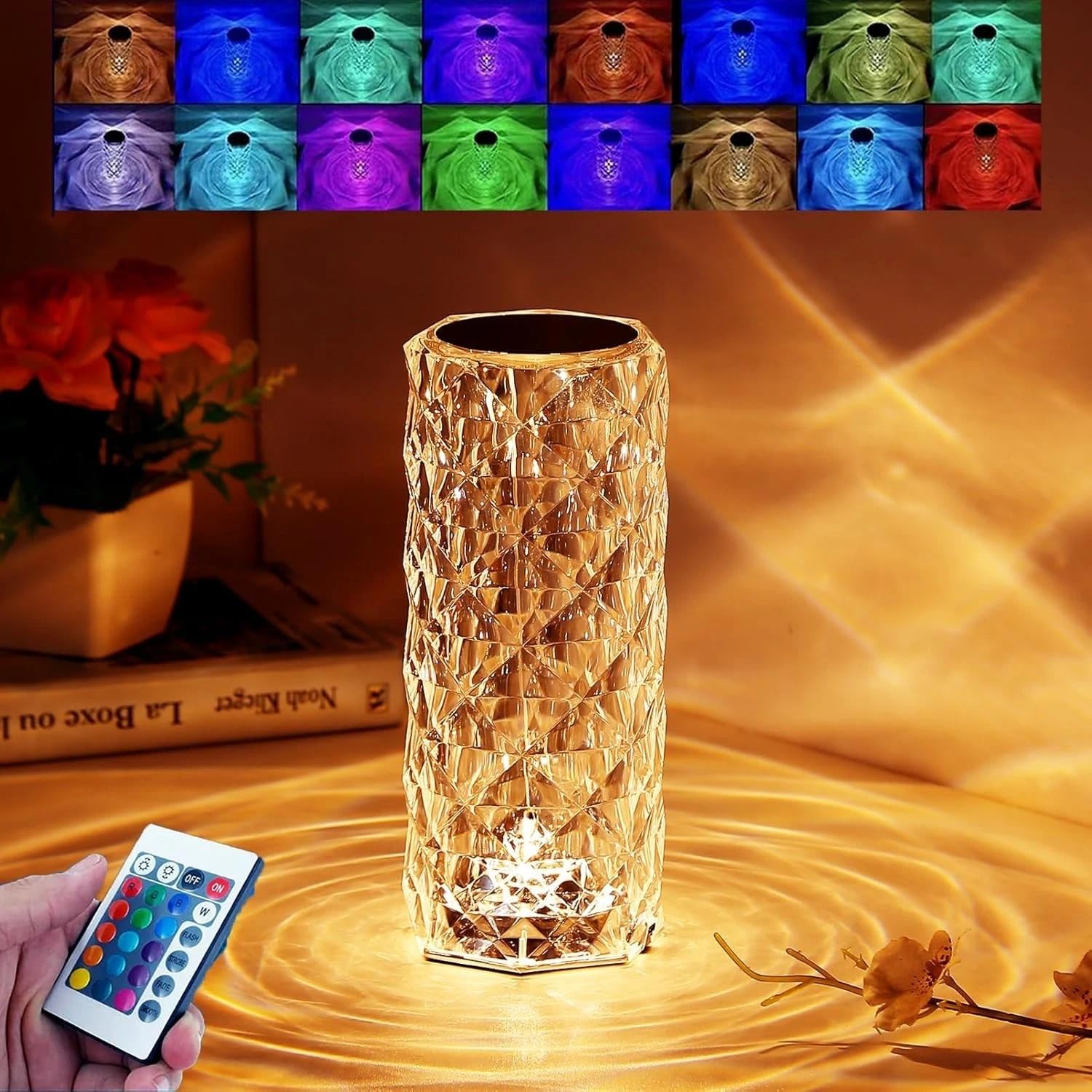 PIONEER GOODS Premium Crystal Table Lamp with 16 Colours - Touch Control USB Rechargeable Night Light for Bedside, Bedroom & Home DΓ©cor