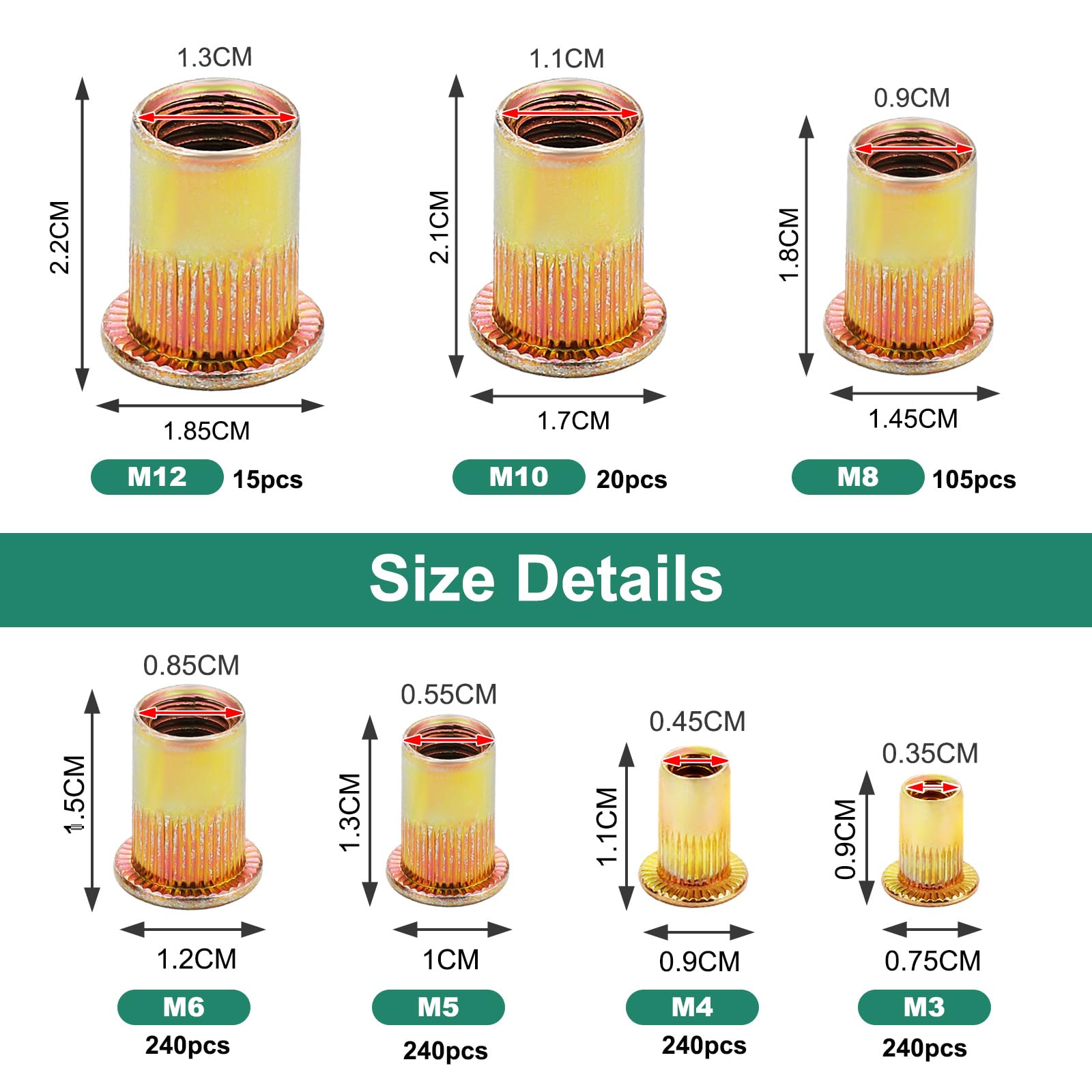 Kit Dadi Rivetti Filettati 300 Pezzi - M3, M4, M5, M6, M8, M10, M12, Acciaio Zincato Per Fai Da Te E Meccanica - Foto 9