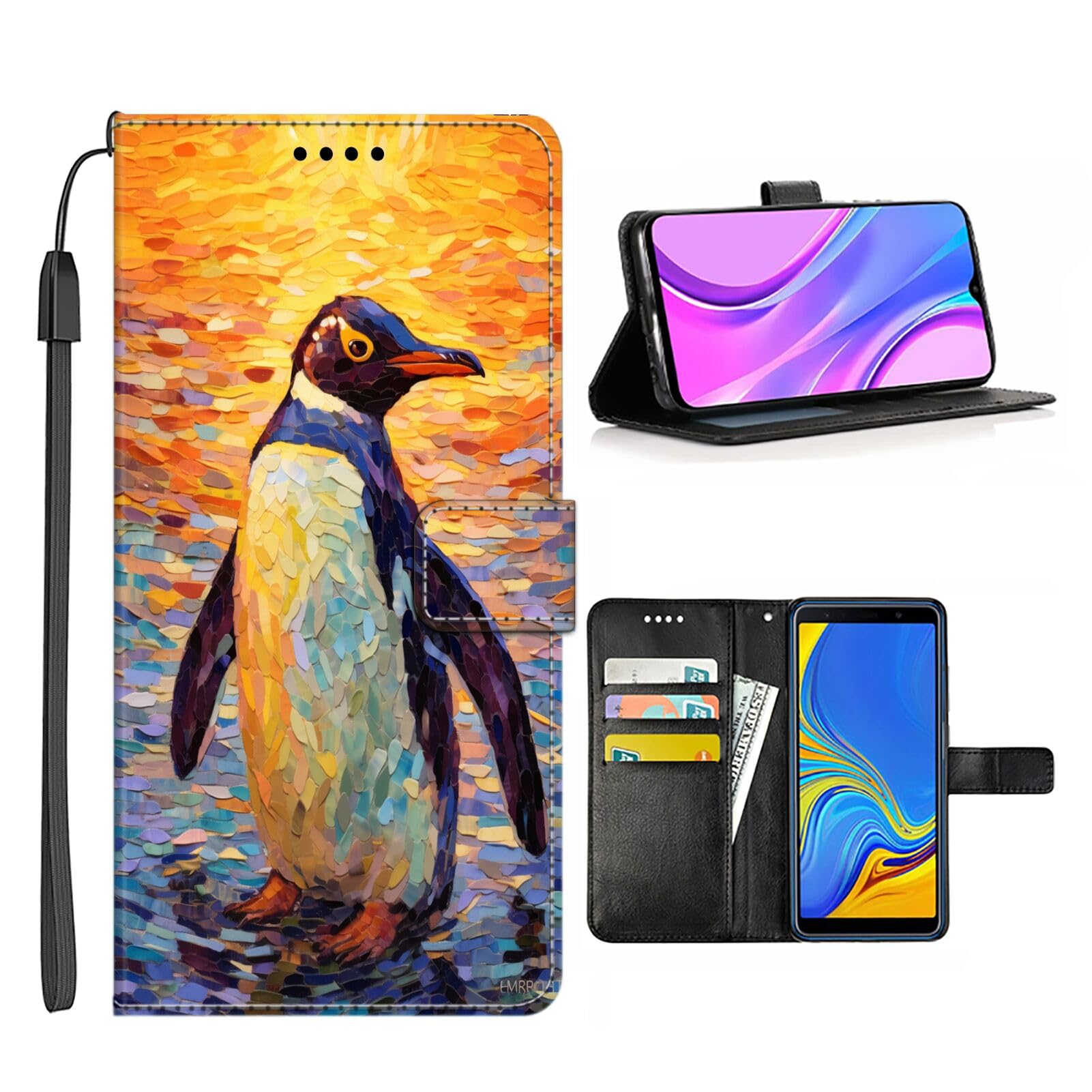 Wallet Phone Case for Samsung Galaxy A6s PU Leather Card Holder Penguin-aa52 Pattern Design with Kickstand Flip Cover and Wrist Strap