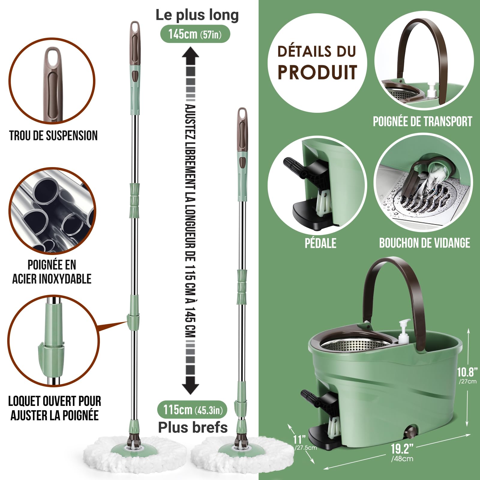 Myiosus Balai Serpillère Essoreur avec Seau, Balai Serpillere Rotatif 360°, Poignée en Acier INOX pour Nettoyage Sol - 5 Tête Réutilisable en Microfibre (Vert)