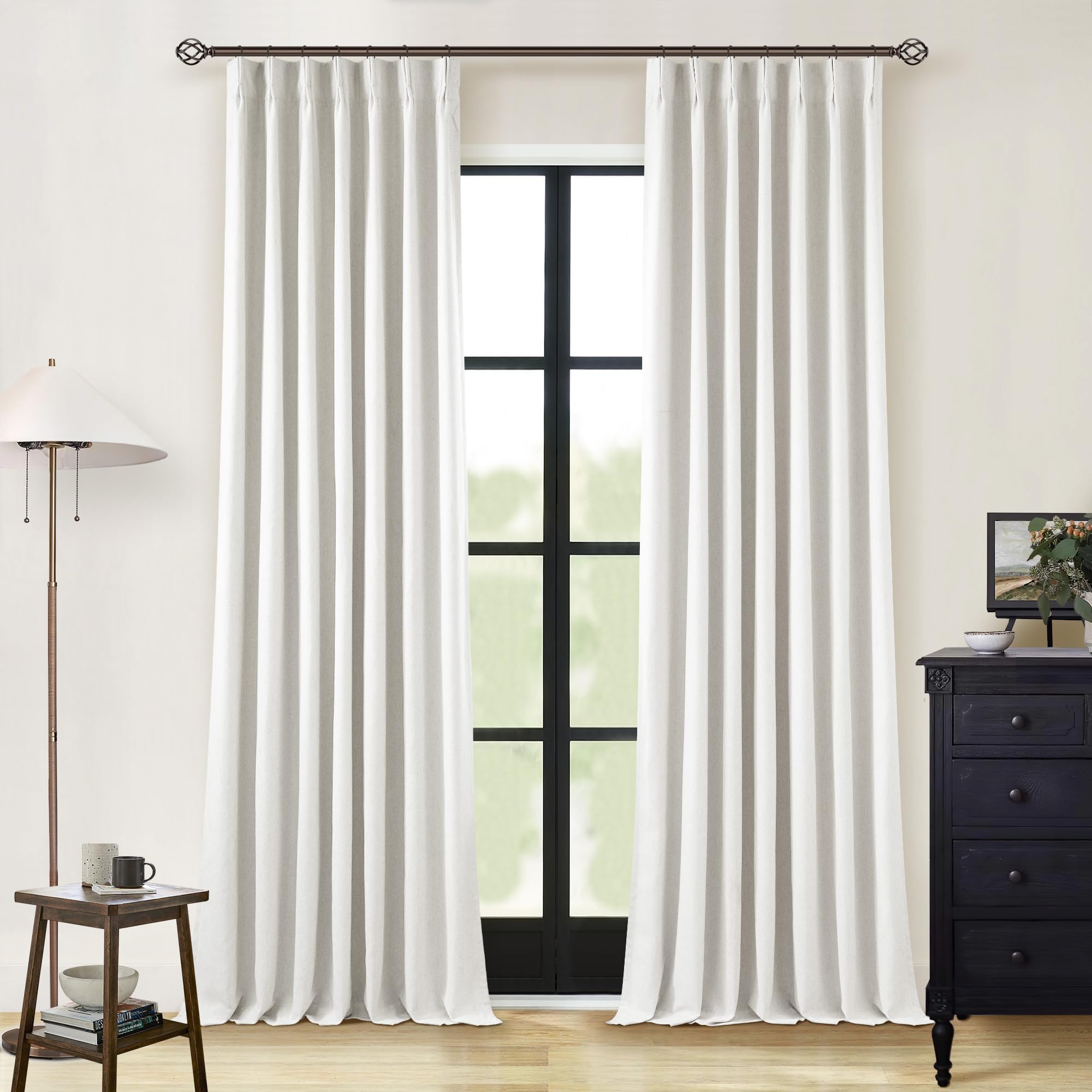 Photo 1 of Linen Blackout Curtains 108 Inch Long 2 Panels Pinch Pleated with Hooks Rings Curtains Noise Reducing Heavy Drapes Ceiling Floor Back Tab Boho Flax Linen Drapes for Living Room Office Bedroom 40x108