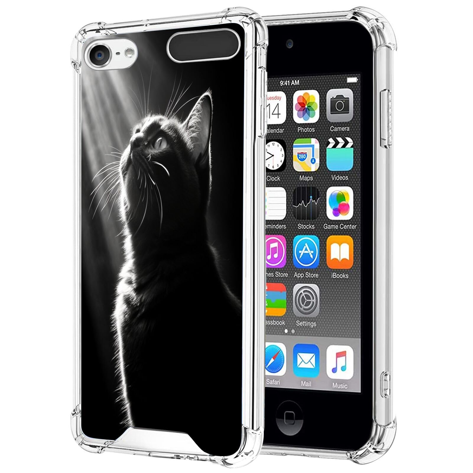 CHUANSHI Transparent Case for iPod Touch 5/6/7 Design Cat Print-aa302 Pattern Ultra-Thin Non-Slip Four Corner Bumper Drop-Proof Shockproof Mobile Phone Case