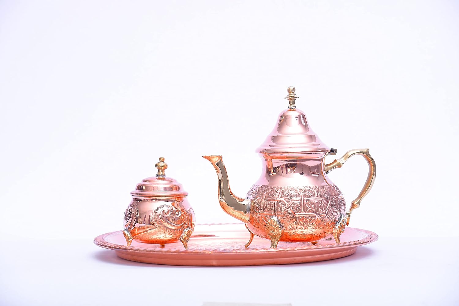 Rose Gold Handmade Brass Tea Set (3 pieces). Included Moroccan Teapot