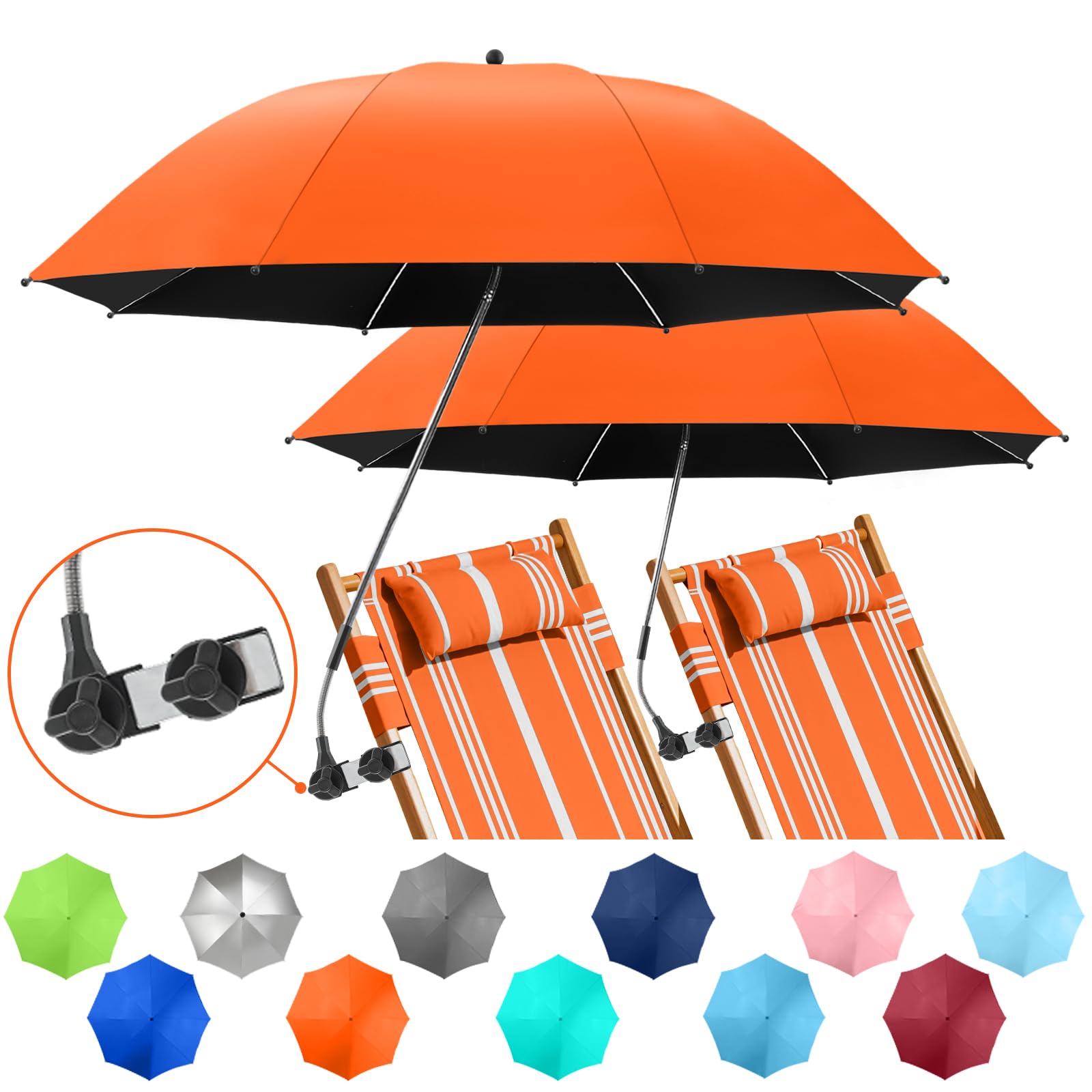 NBtoUS 2 PACK Chair Umbrella with Clamp, 360 ° Adjustable, UPF50+ Sunshade for Beach Chair, Patio Chair, Camping Chair (orange, Chair Not Included)