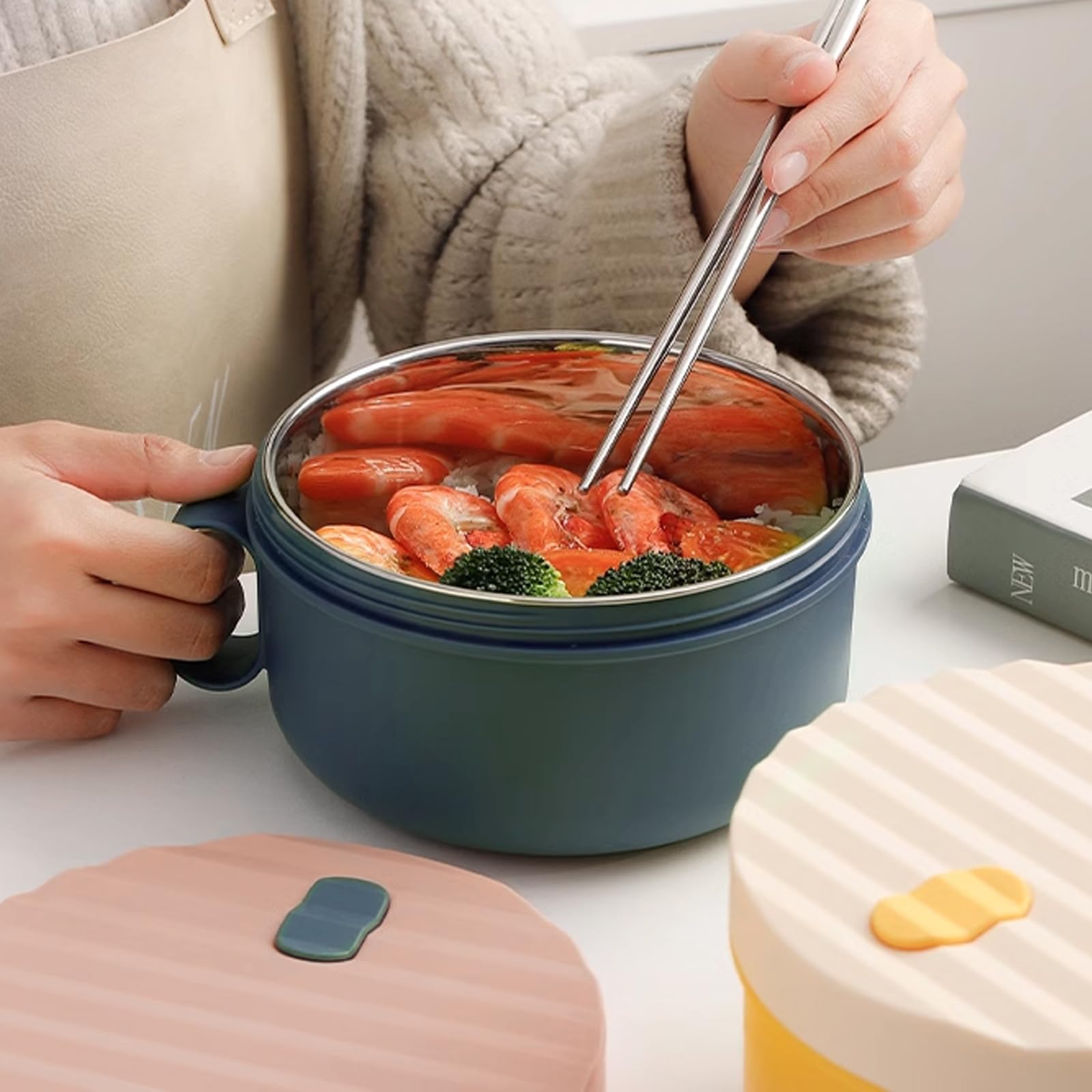 Ramen Schüssel Set, Instant-Ramen-Schüssel 1200ML Rostfreier Stahl Ramen Bowl Schüssel mit Deckel und Stäbchen Japanische suppenschüssel Nudelsuppen Schale für Schlafsäle (puderblau)
