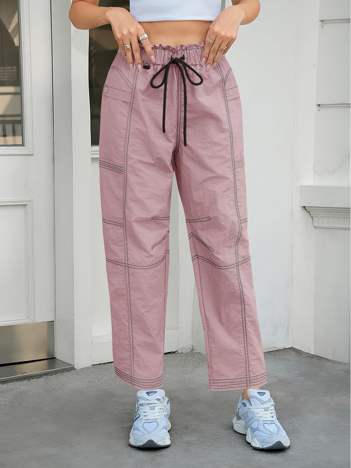 Fisoew Womens Wide Leg Cargo Pants Elastic Waist Water Resistant Contrast Stitch Loose Hiking Joggers with Pockets - Image 2