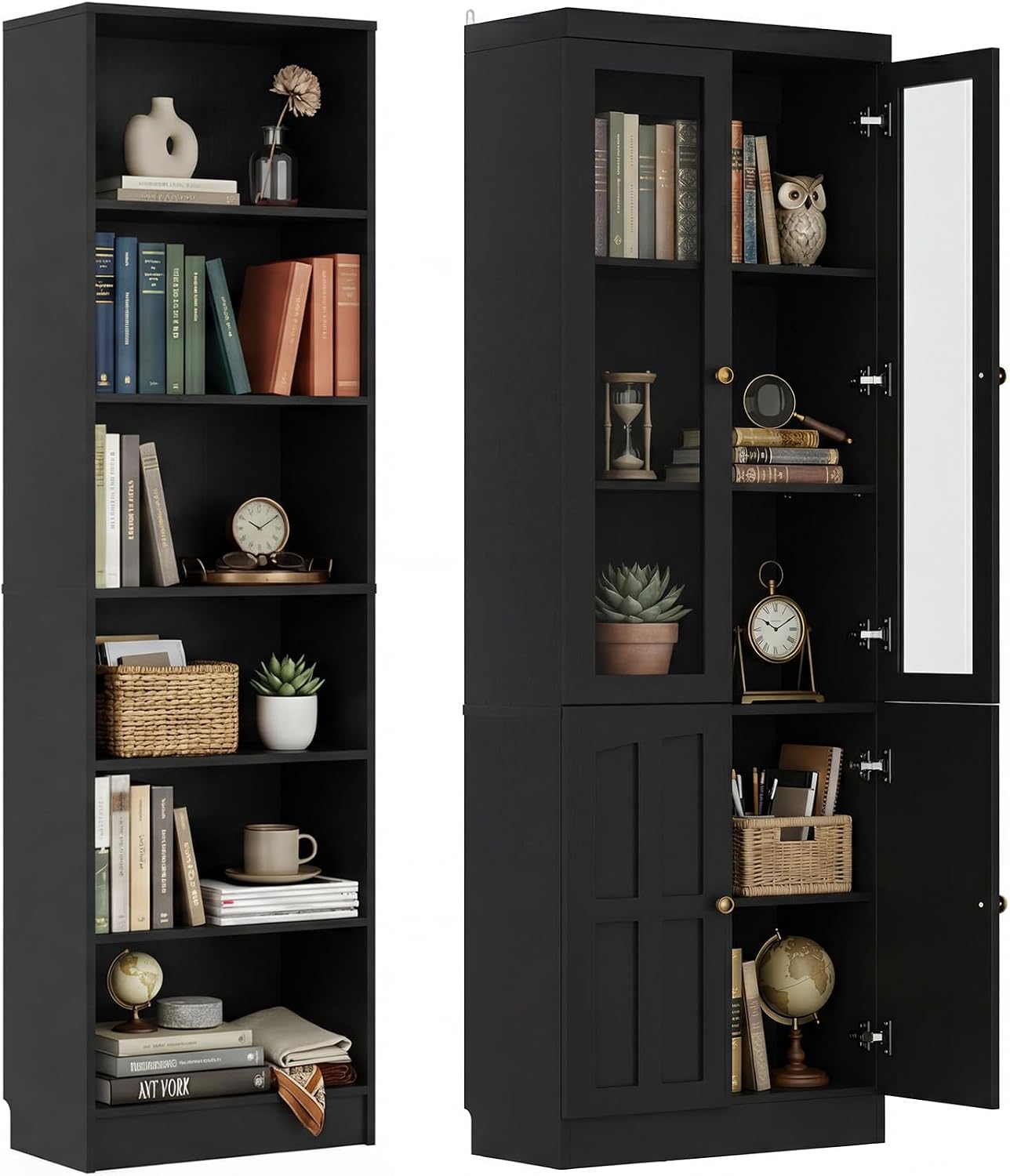 Cyclysio 80" Bookshelf with Doors, 6-Tier Bookcase Open Storage Shelf, Tall Bookcase with Adjustable Shelves for Bedroom Living Room Home Office (White, Set of 2)