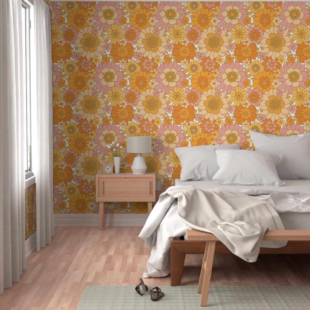 Spoonflower Peel & Stick Wallpaper 6ft x 2ft - Retro Floral White Vintage 70s Flower Power Custom Removable Wallpaper