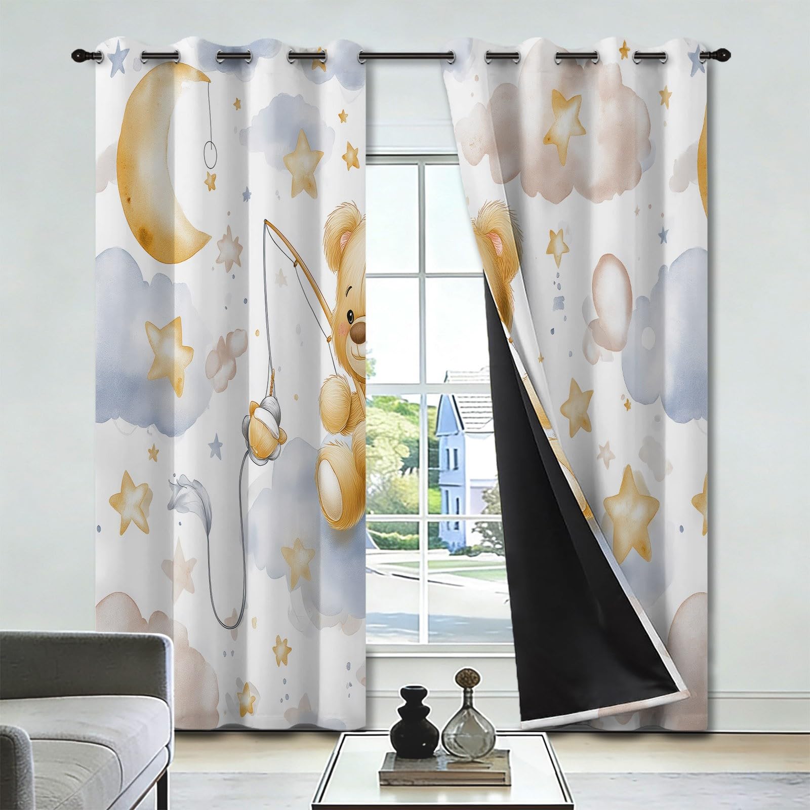 Cortinas opacas con ojales, dibujadas a mano, diseño de dibujos animados, juego de 2, altura 175 x ancho 140 cm, oso de peluche, nubes y estrellas, cortinas con ojales para salón y dormitorio