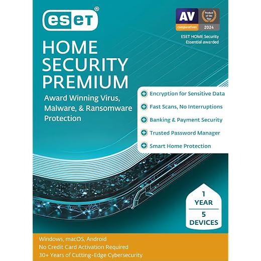 ESET Home Security Premium | Antivirus | 2024 Edition | 5 Devices | 1 Year| Password Manager | Privacy Protection | Ransomware | Anti-Theft | Digital Download [PC/Mac/Android]