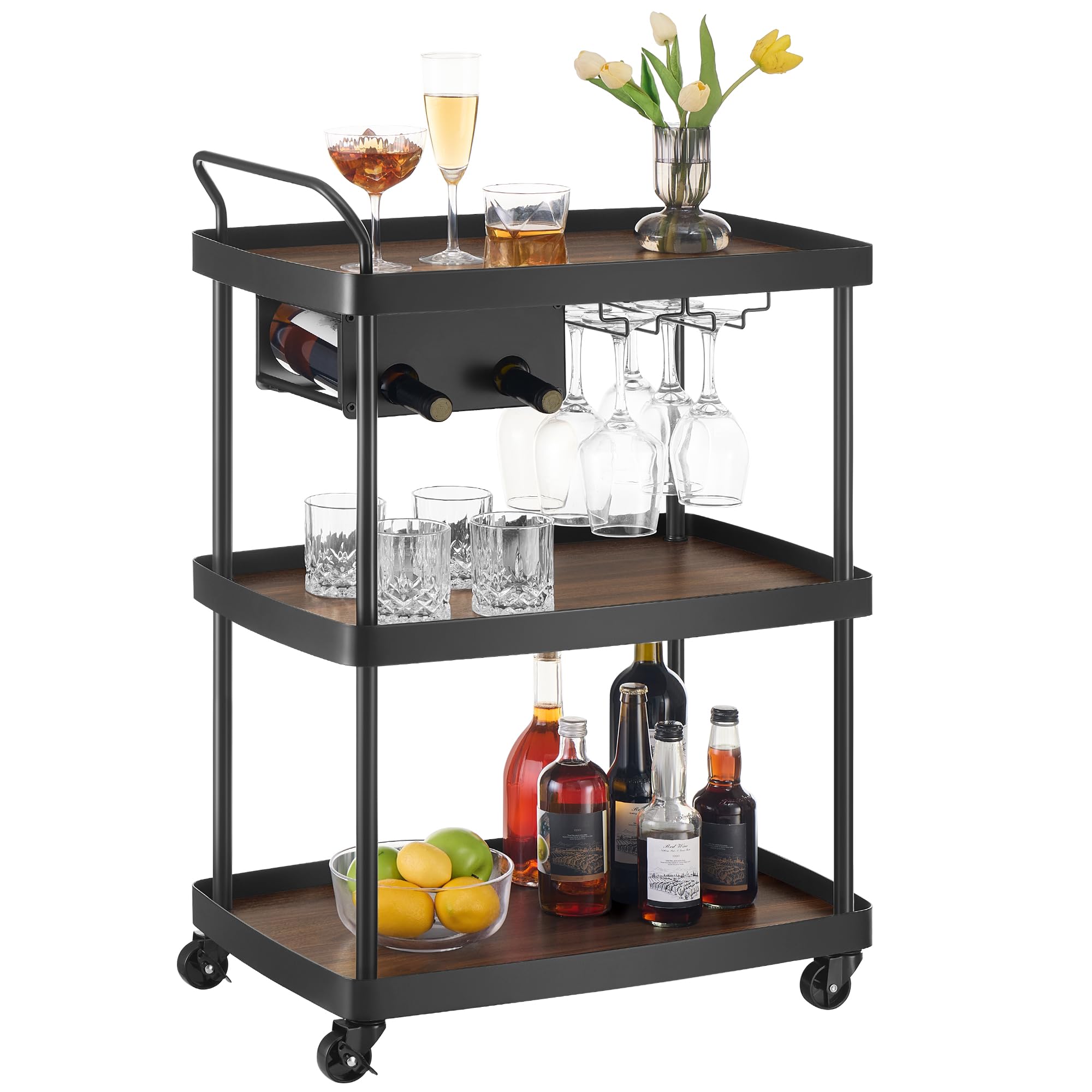 SONGMICS Bar Cart - 3-Tier Walnut & Black