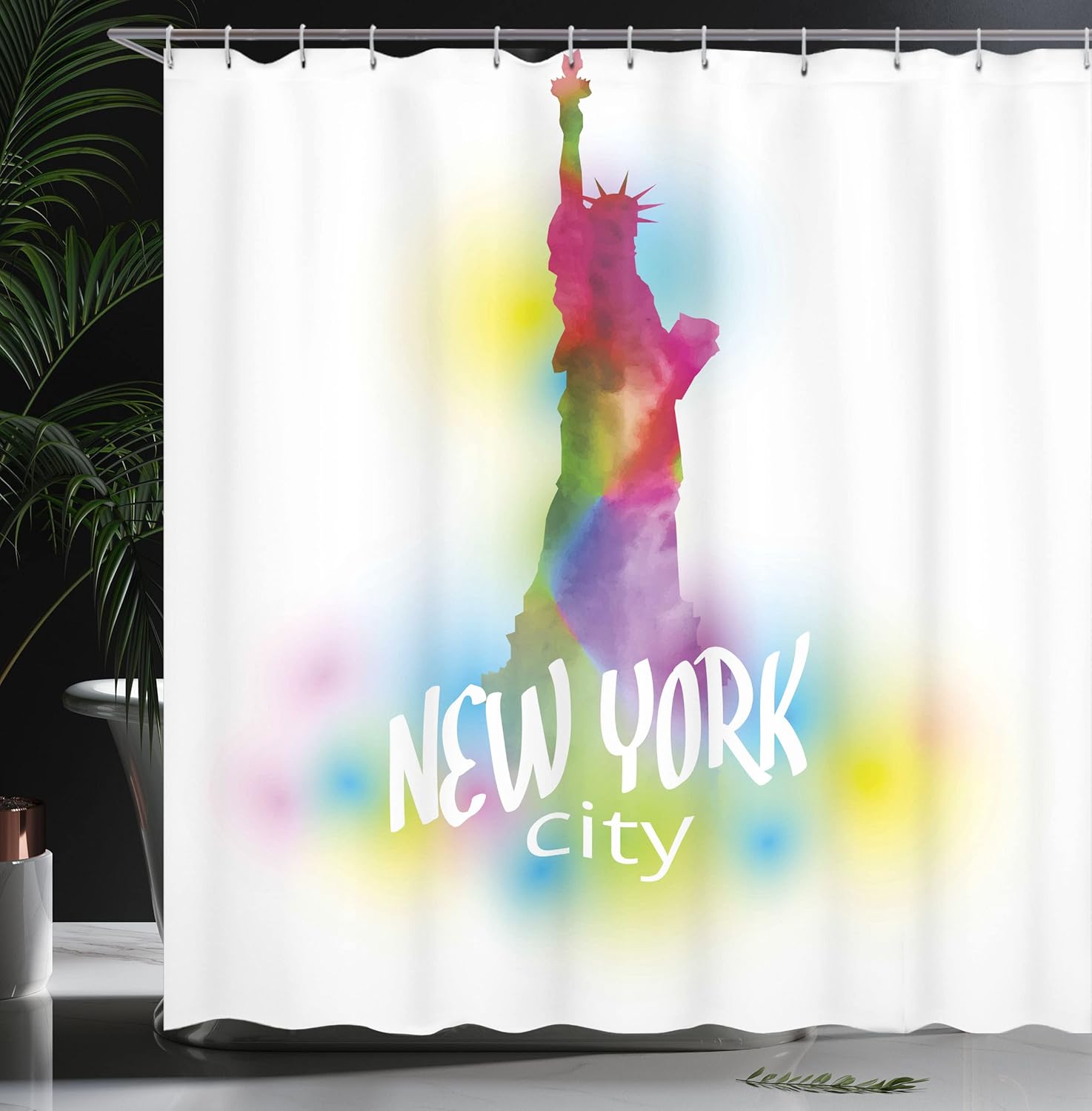 Ambesonne American Shower Curtain, Liberty in Colorful Abstract with New York City Typography USA Art, Cloth Fabric Bathroom Decor Set with Hooks, 69" W x 70" L, Multicolor
