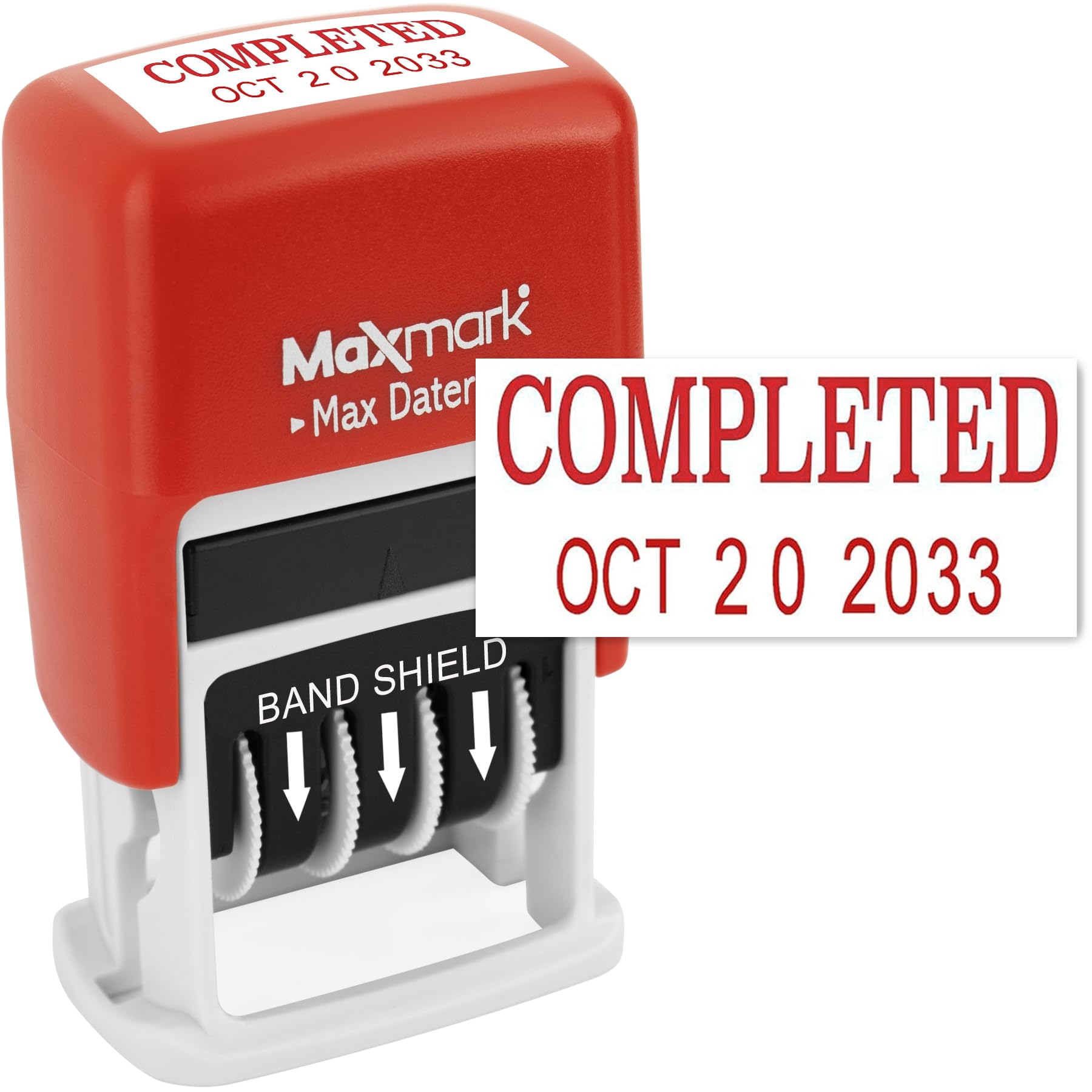 MaxMark Self-Inking Rubber Date Office Stamp with Completed Phrase & Date - RED Ink (Max Dater II), 12-Year Band