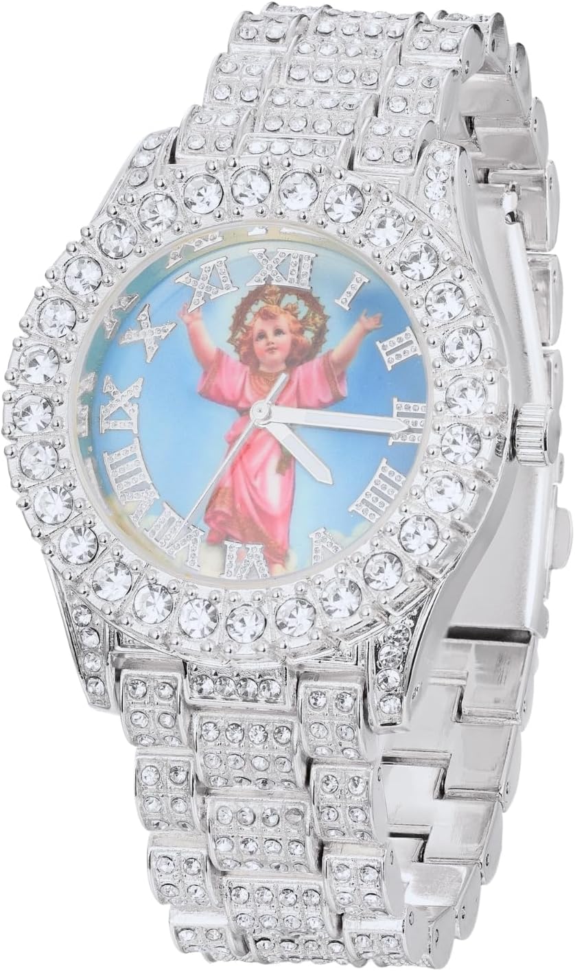 Halukakah Moissanite Diamond Watch for Boy Teens - BLESS - 18k Real Gold/Platinum White Gold Plated,Roman Numerals Round Dial Colorful Angel,3-Sides Iced Out,Heavy-Made,8" Wristband - Giftbox Included