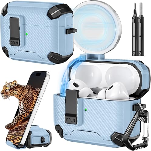 Inesore Funda compatible con AirPods Pro de 21 generación con soporte para teléfono y kit de limpieza, compatible con MagSafe, bloqueo automático