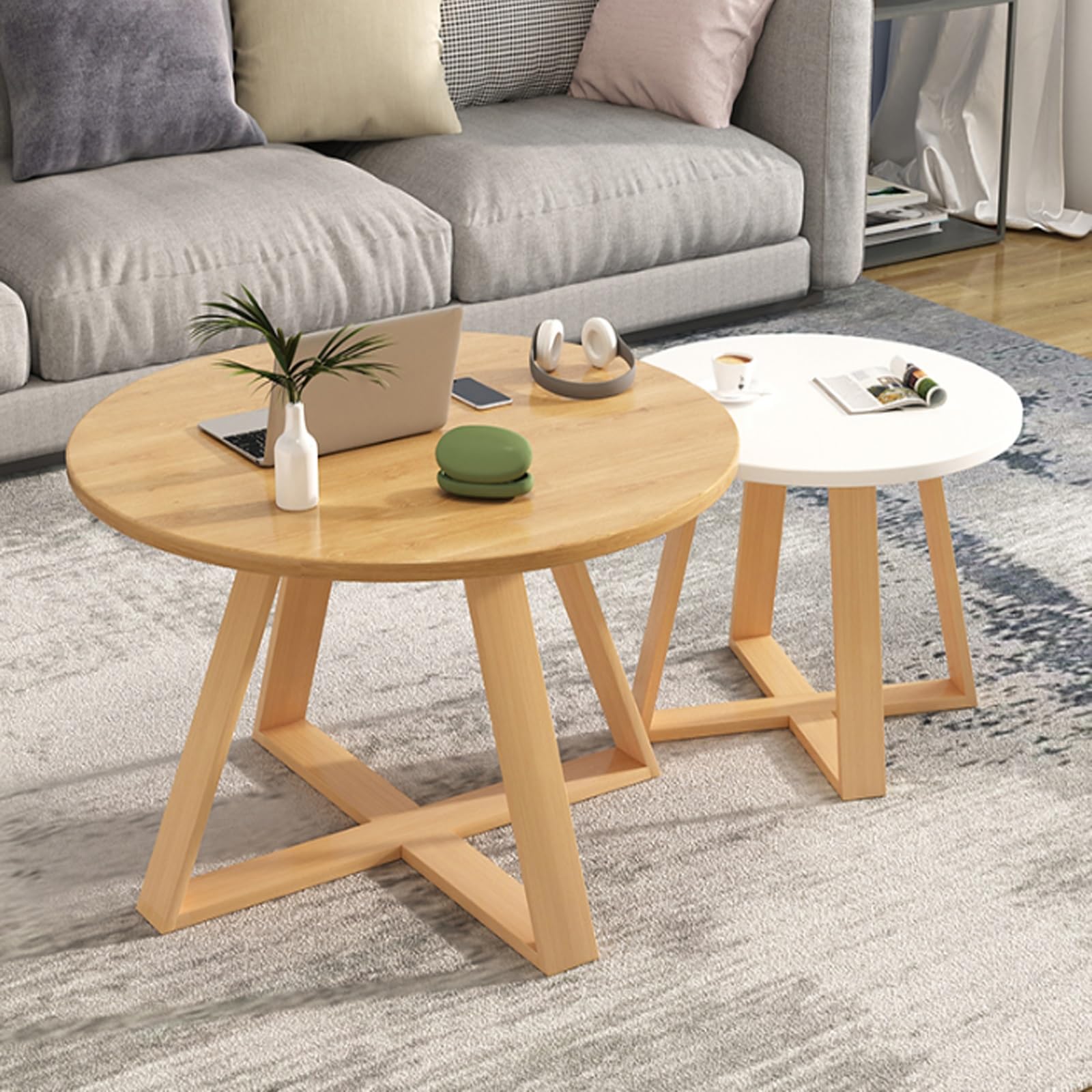 Beaka Log+White Round Nesting Coffee Tables, End Tables For Living Room Balcony Office