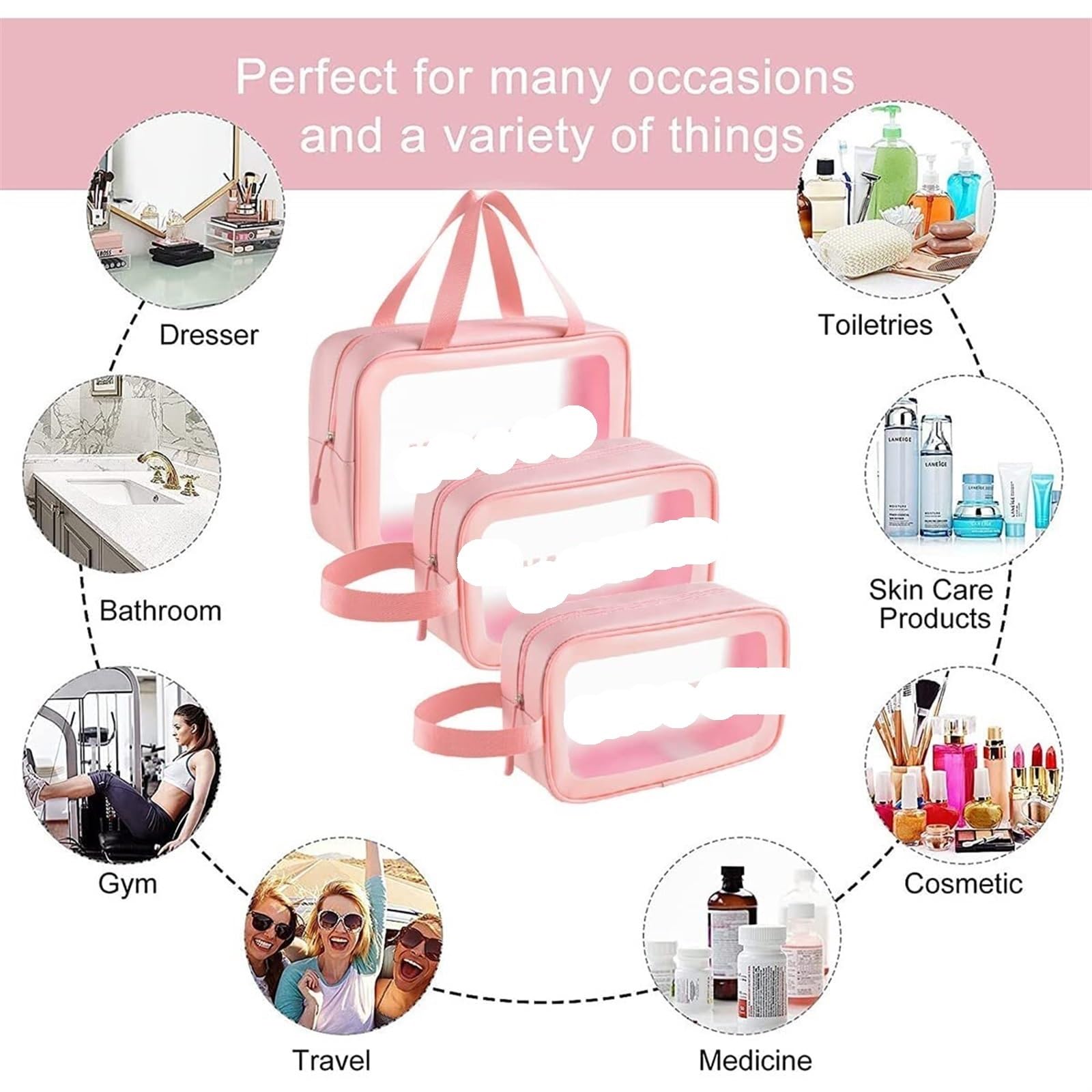 Porta Trucchi Pochette Trucchi Borsa da toilette da viaggio trasparente Borsa for cosmetici Borsa da toilette da viaggio trasparente da donna Trousse Trucchi Donna(Pink,24cm)