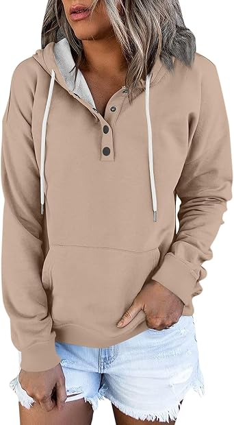 Womens Hoodies Button Collar Drawstring Hooded Sweatshirt Casual Long Sleeve Pullover Tops Hot Pink Hoodie