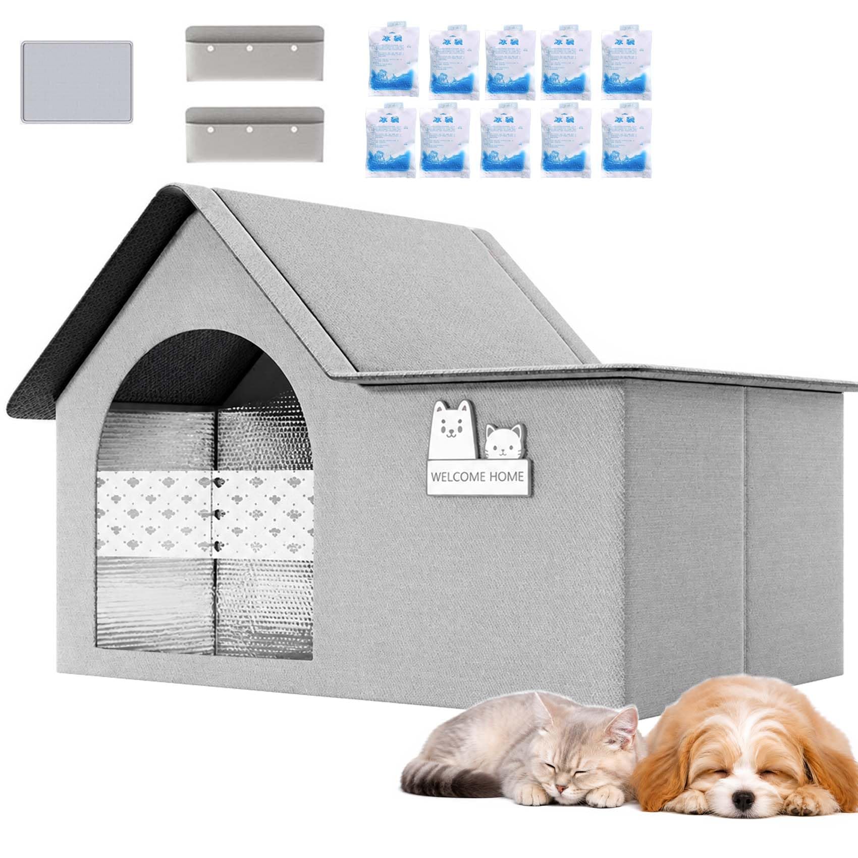 Katzen KüHlhaus, KüHlhaus füR Katzen, BelüFtetes Katzens- Und Hundehaus mit 10 KüHlakkus, Zusammenklappbares KüHlh aus füR Kleine Mittlere GroßE Tierrassen (B,60 * 42 * 38)