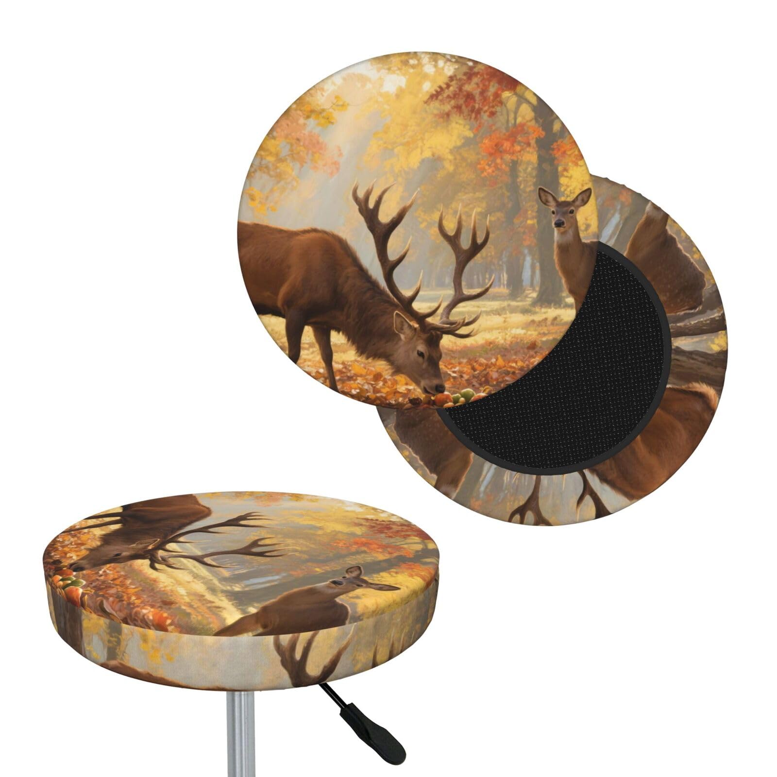 FekiLoot Deers Fall Trees Round Bar Stool Covers Stretch Washable Bar Stool Covers Dustproof Slipcover Bar Chair Covers with Elastic Band for Bar Kitchen Living Room Decor 12 Inch