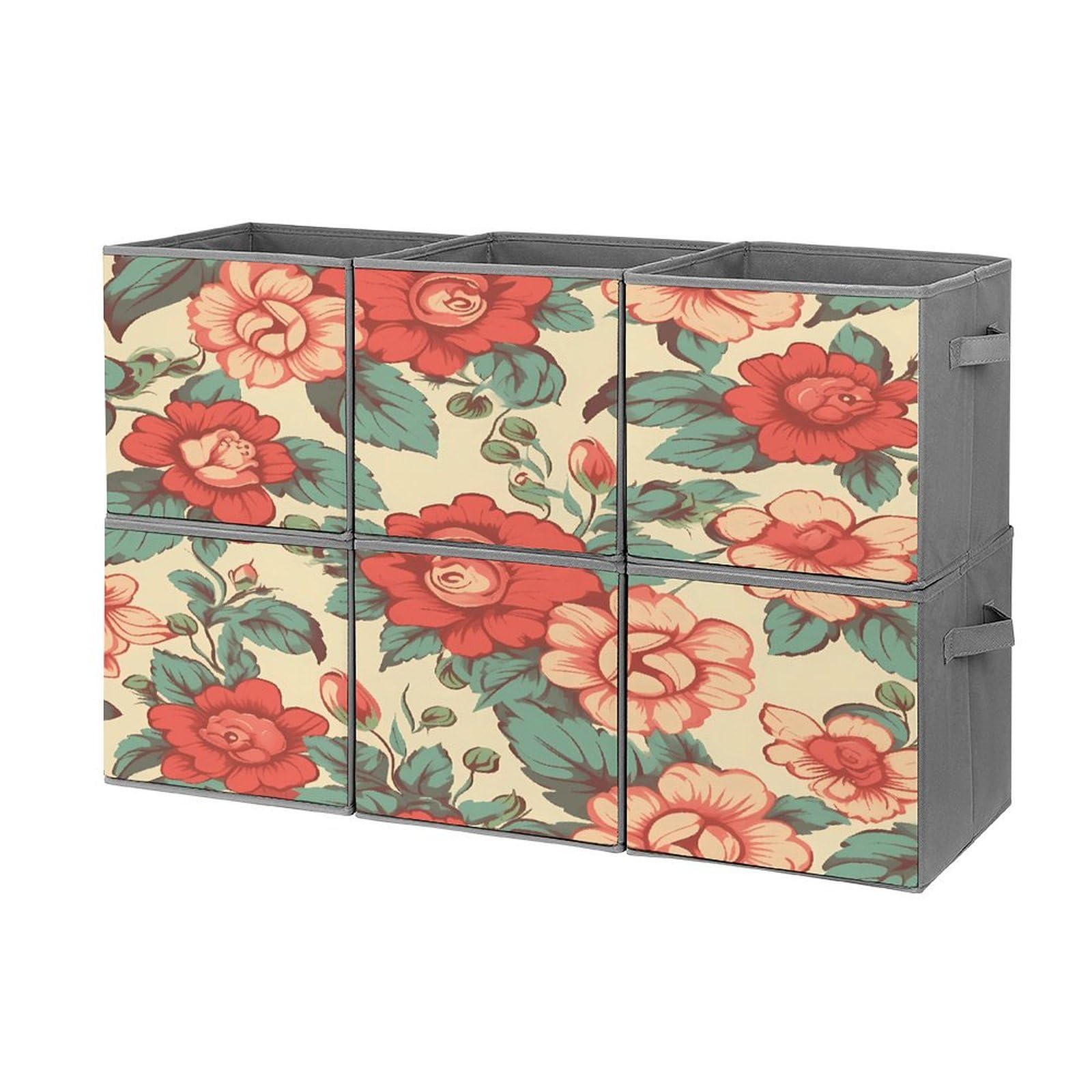 Lot de 6 boîtes de rangement empilables imprimé floral rétro pliable pour armoire