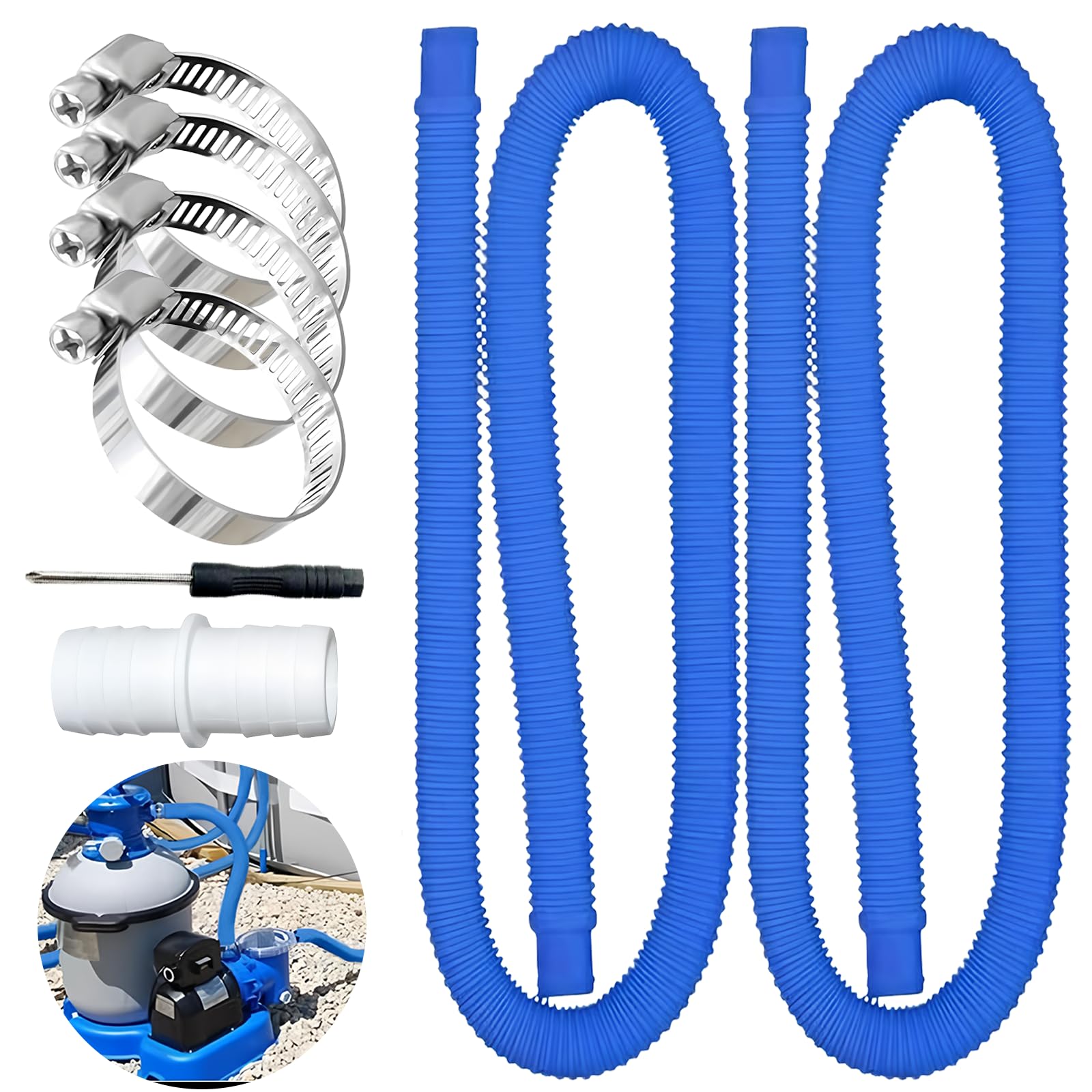 2PCS Manguera Piscina 32mm Con 4 Abrazaderas Metálicas Y Adaptador – Flexible Y Resistente Para Bomba De Filtro Intex Y Otras