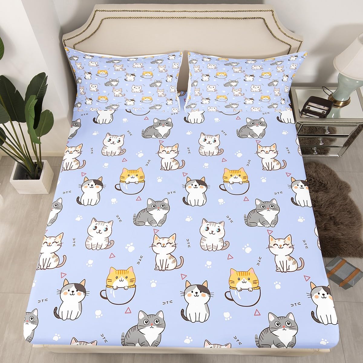 Kawaii Kitten Queen Fitted Sheet Cute Cat Sheets for Girls Boys Kids, Cartoon Animal Bed Sheets Lovely Kitten Bed Cover, Brown Pet Theme Bed Set Soft 3pcs with 2 Pillowcase (Deep Pocket)
