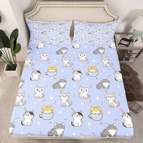 Miniatura 9 de Erosebridal Juego de sábanas de gato tamaño King para niñas y niños, juego de ropa de cama de gatito de dibujos animados, juego de sábanas Kawaii