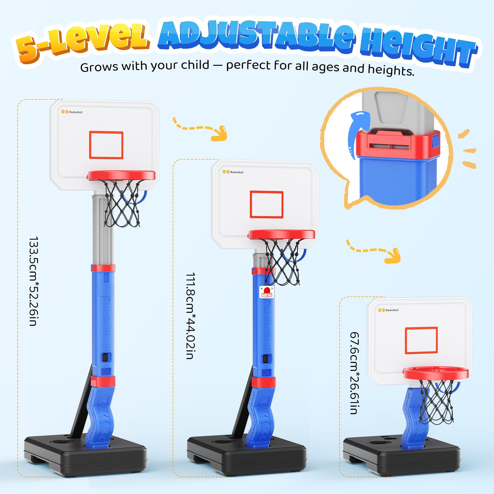 Panier de basket-ball portable avec hauteur réglable de 178 cm à 208 cm
