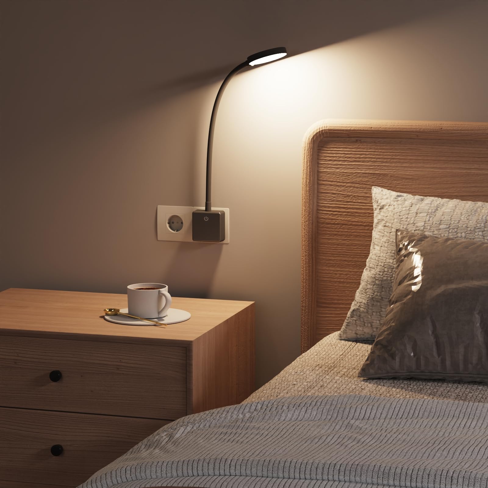 ENUOTEK Lampe Applique Murale de Chevet Chambre Lecture LED avec Prise de Courant pour Lire la Nuit, 4W 350Lm, 3X Luminosité Tactile Dimmable, 3000K-4000K-5000K, Lampe Flexible Noire