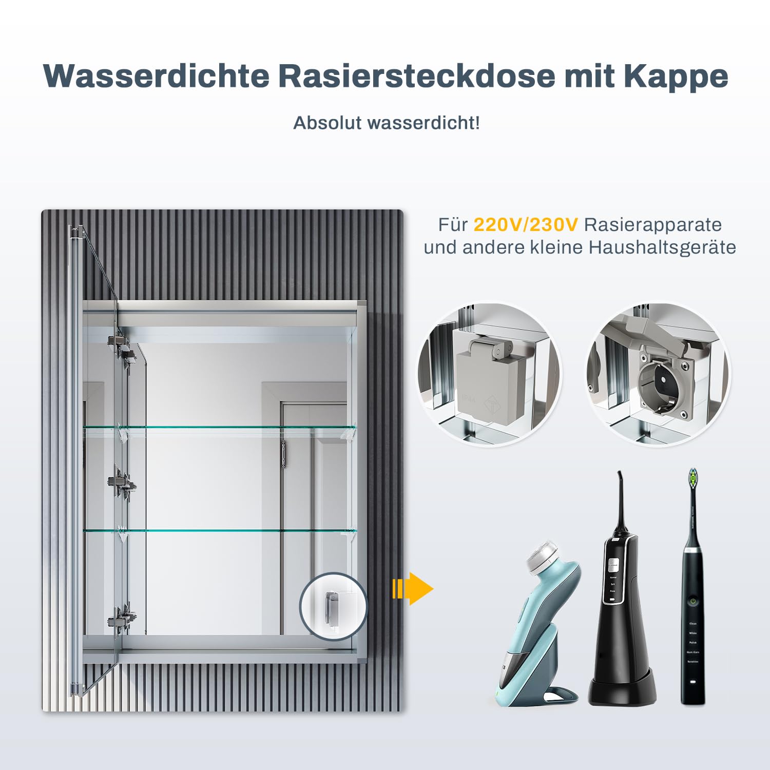 SONNI Premium Aluminium Spiegelschrank Bad 50x70cm mit LED Beleuchtung - Innovatives Kabelloses Scharnier, Innenbeleuchtung, Rundum verspiegelt, Steckdose & Anti-Beschlag - Vormontiert