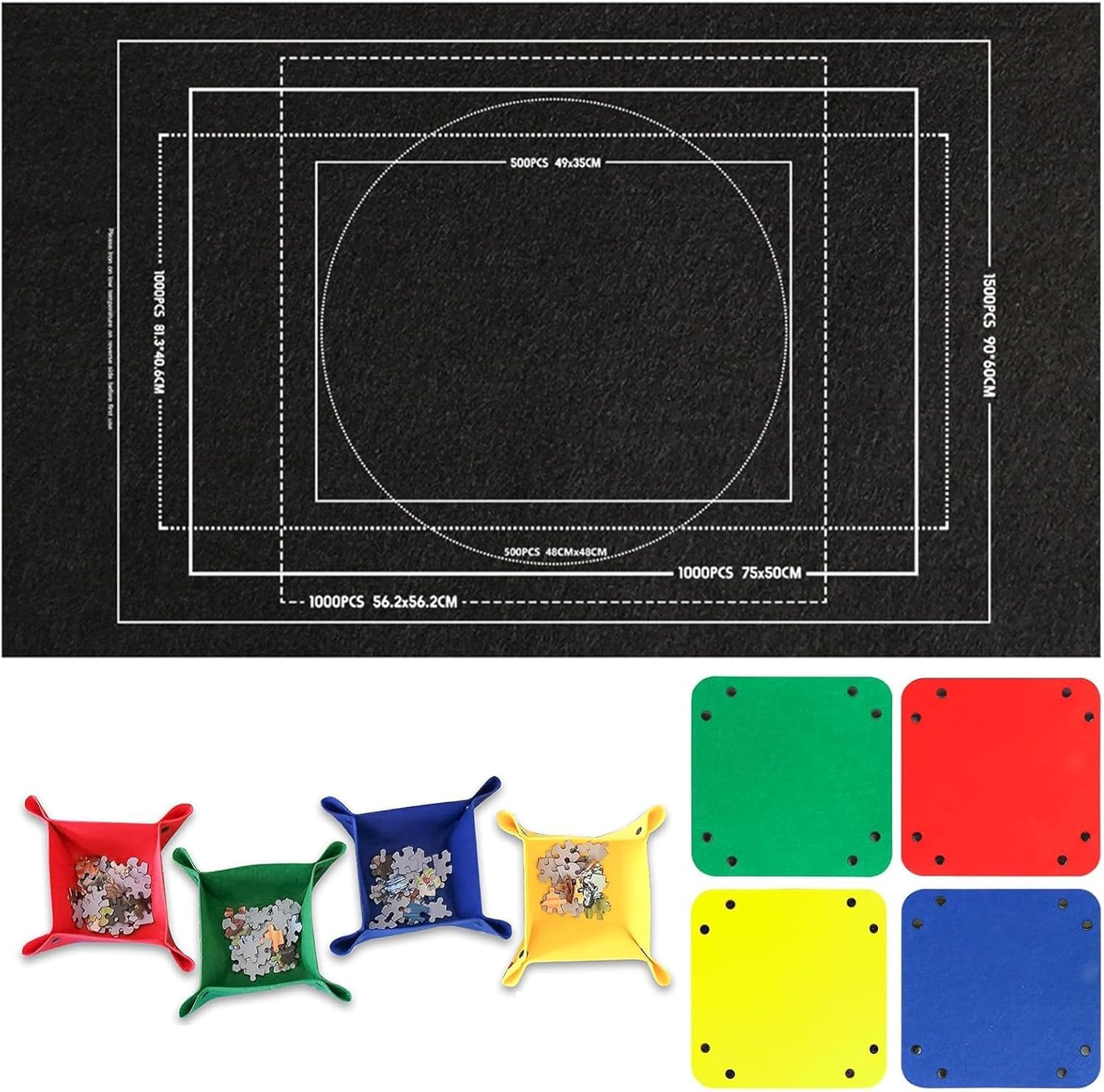 Puzzle Board, Puzzle Mat, Jigsaw Board, Portable Jigroll up to 1500 Pieces Jigsaw Board, Foldable Puzzle Saver Storage Felt Pad with Four Color Dividing Box (Black)